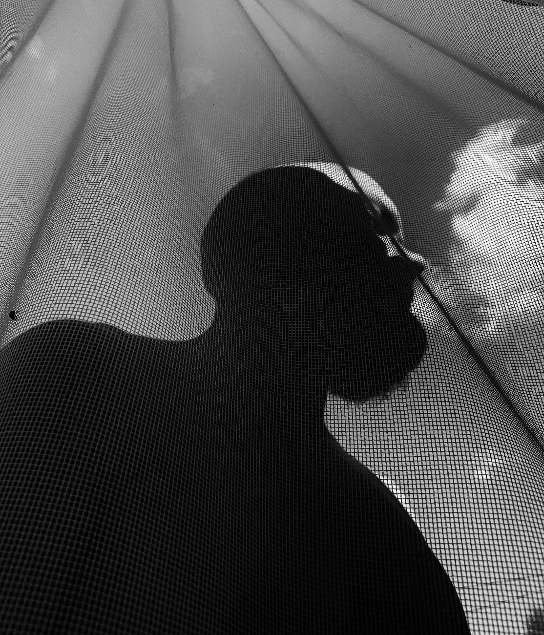 Silhouette of a person with a short haircut behind a window screen, with the sky and clouds visible in the background.