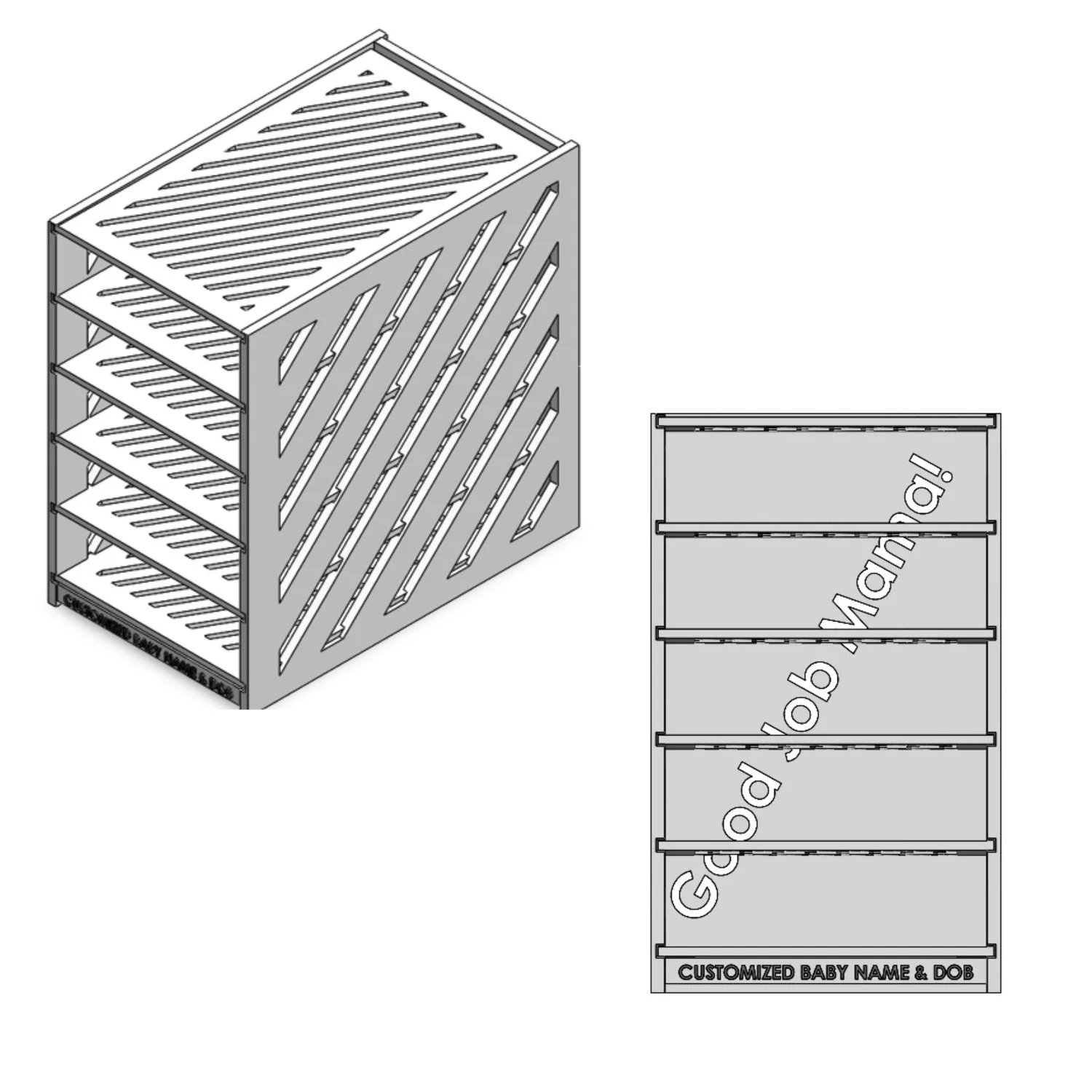 Compact freezer rack design holding six breast milk storage bags with customizable colors and engraved name