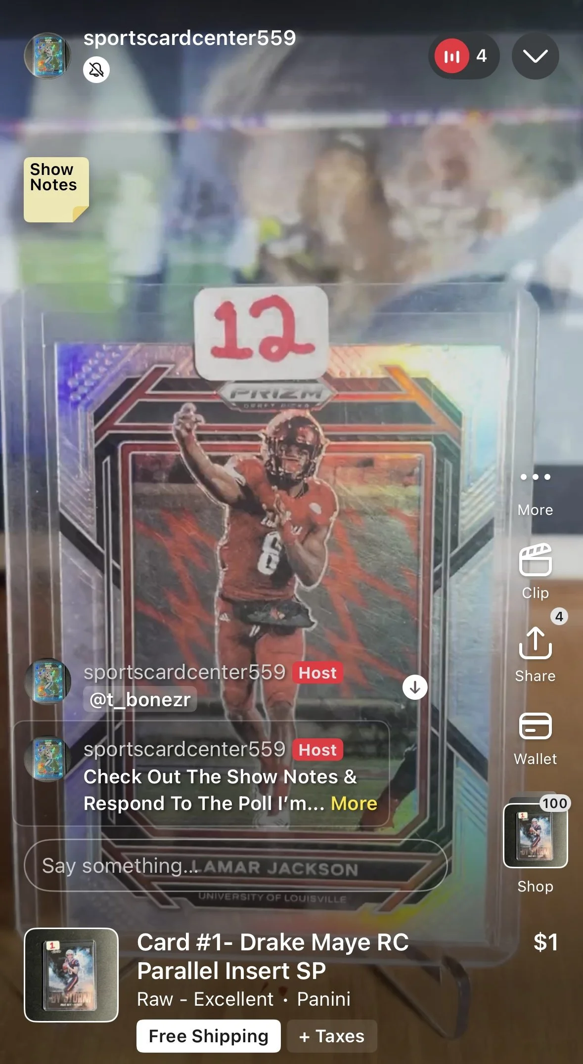 A football trading card of Lamar Jackson from the University of Louisville, displayed in a plastic case with a red sticker showing the number 12 at the top.