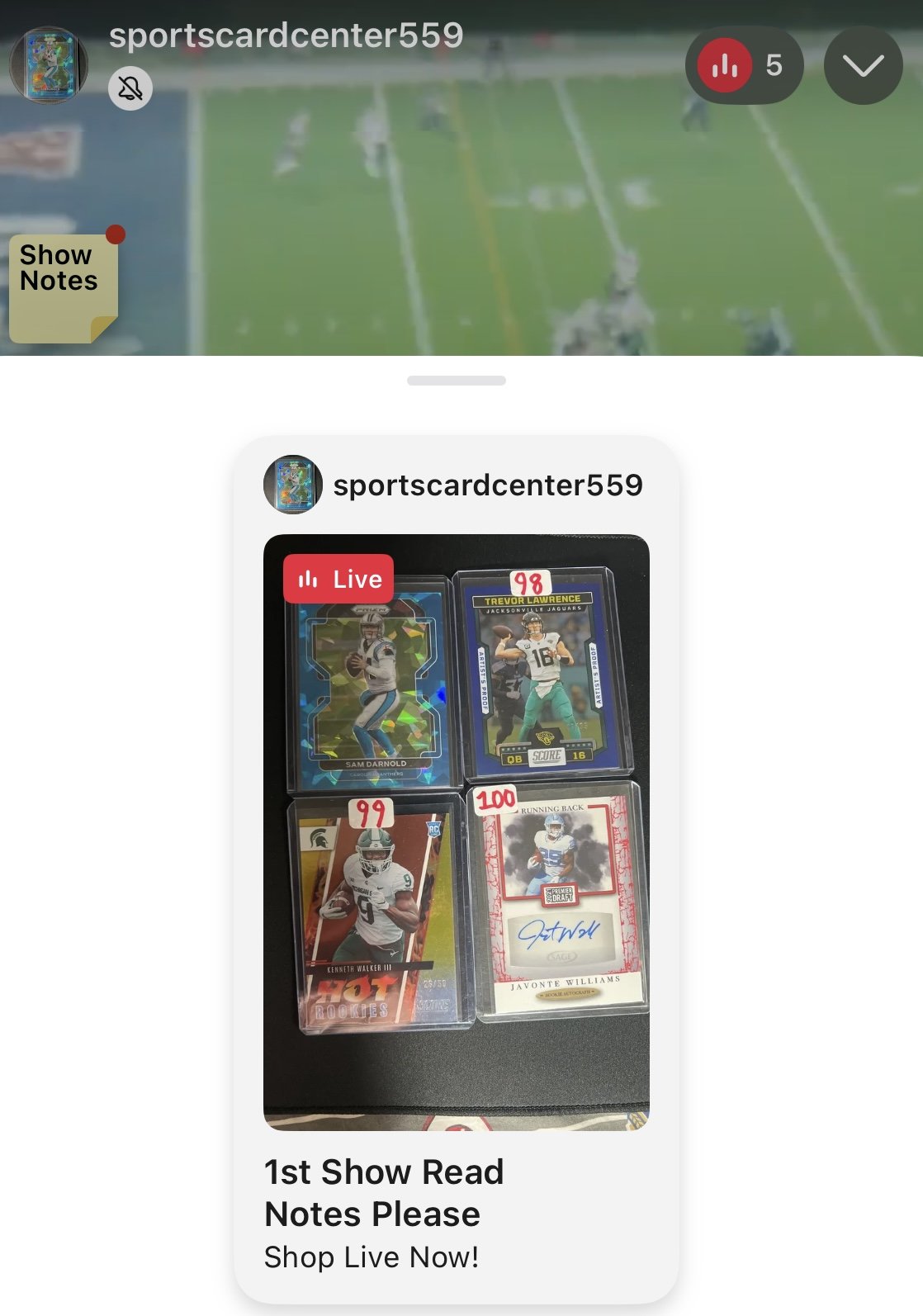 A digital screenshot of a social media post showing four football trading cards, each sealed in packaging with red price stickers of 98, 99, 99, and 100. The background appears to be a computer screen with a blurred sports game.