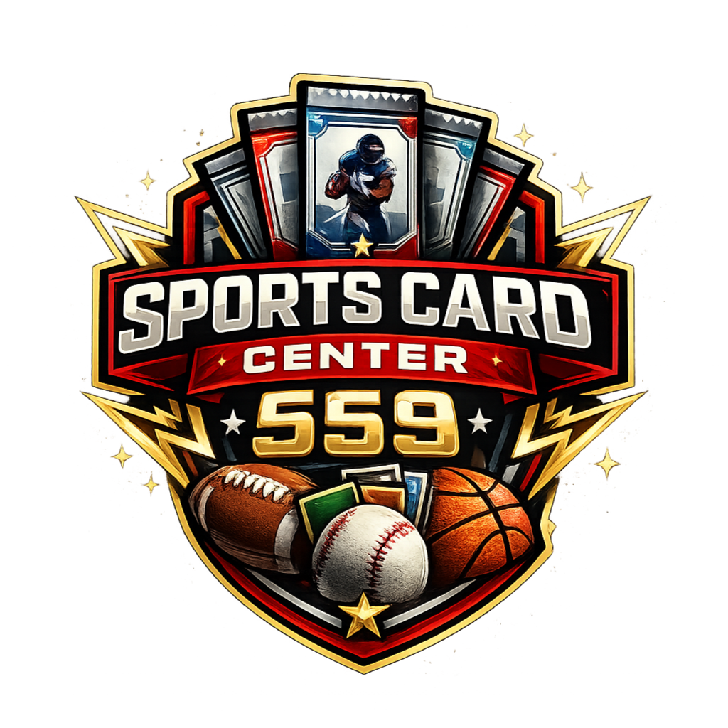 Sports card center logo with a football, baseball, basketball, and card images, featuring the text 'Sports Card Center 559'.