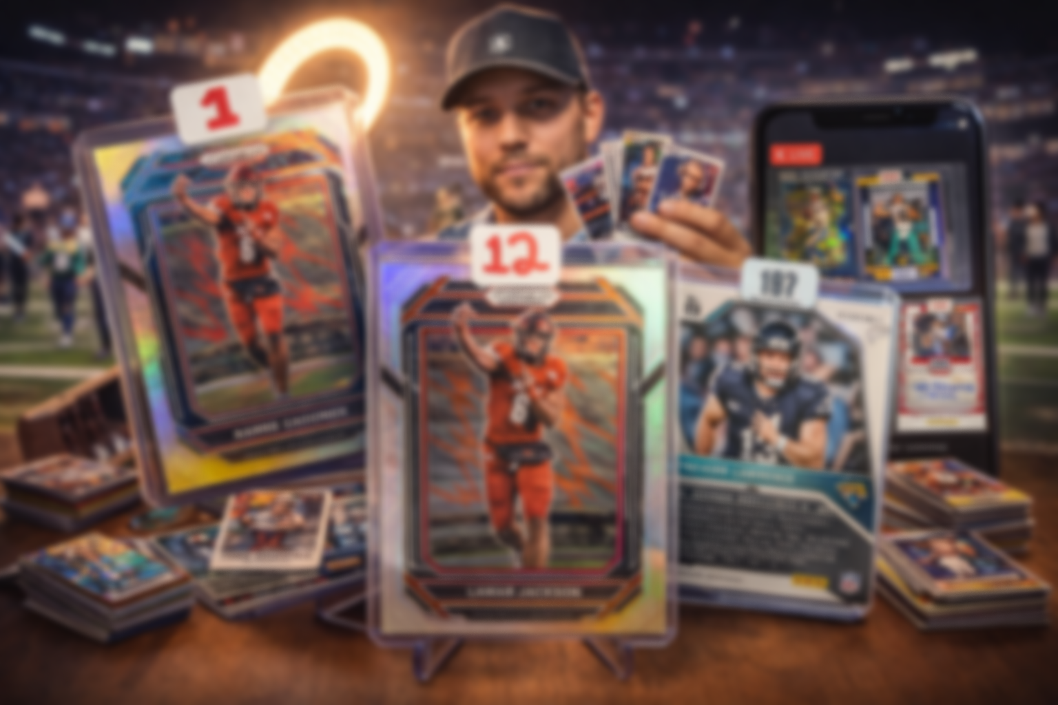 A person displaying a collection of football cards at a stadium, with one card featuring a player in a red uniform and a holographic background, and others showing different players, some on a phone screen in the background.