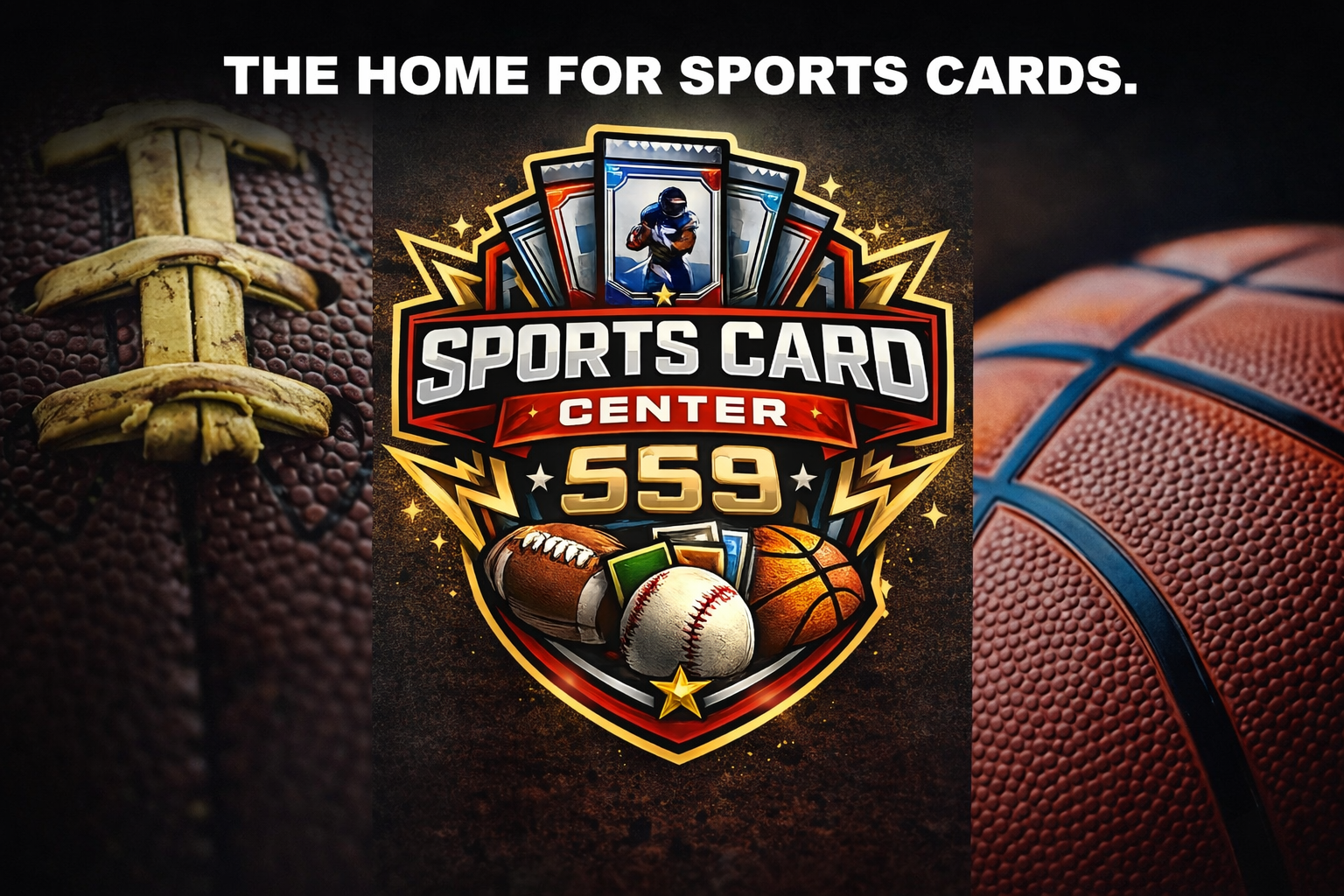 Center design with sports logos and images of footballs, baseballs, and basketballs, with text 'The Home for Sports Cards' and '559'.