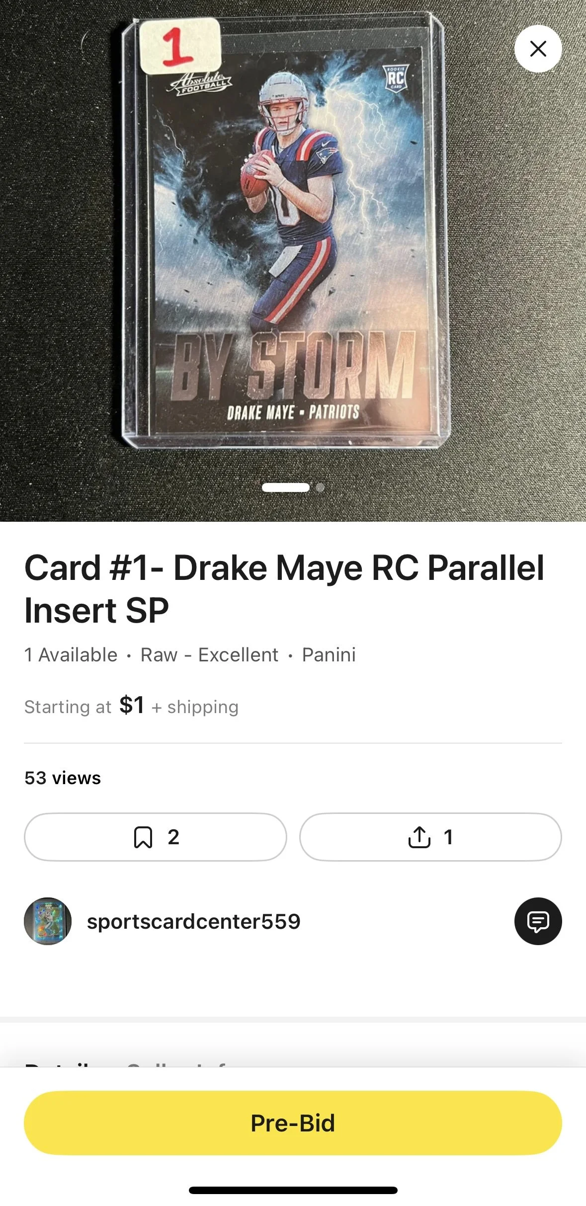 A trading card featuring a football player in a dark uniform with red, white, and blue accents, holding a football, with lightning and storm clouds in the background. The card has a red sticker with the number 1 on it and the text "BY STORM" at the bottom.