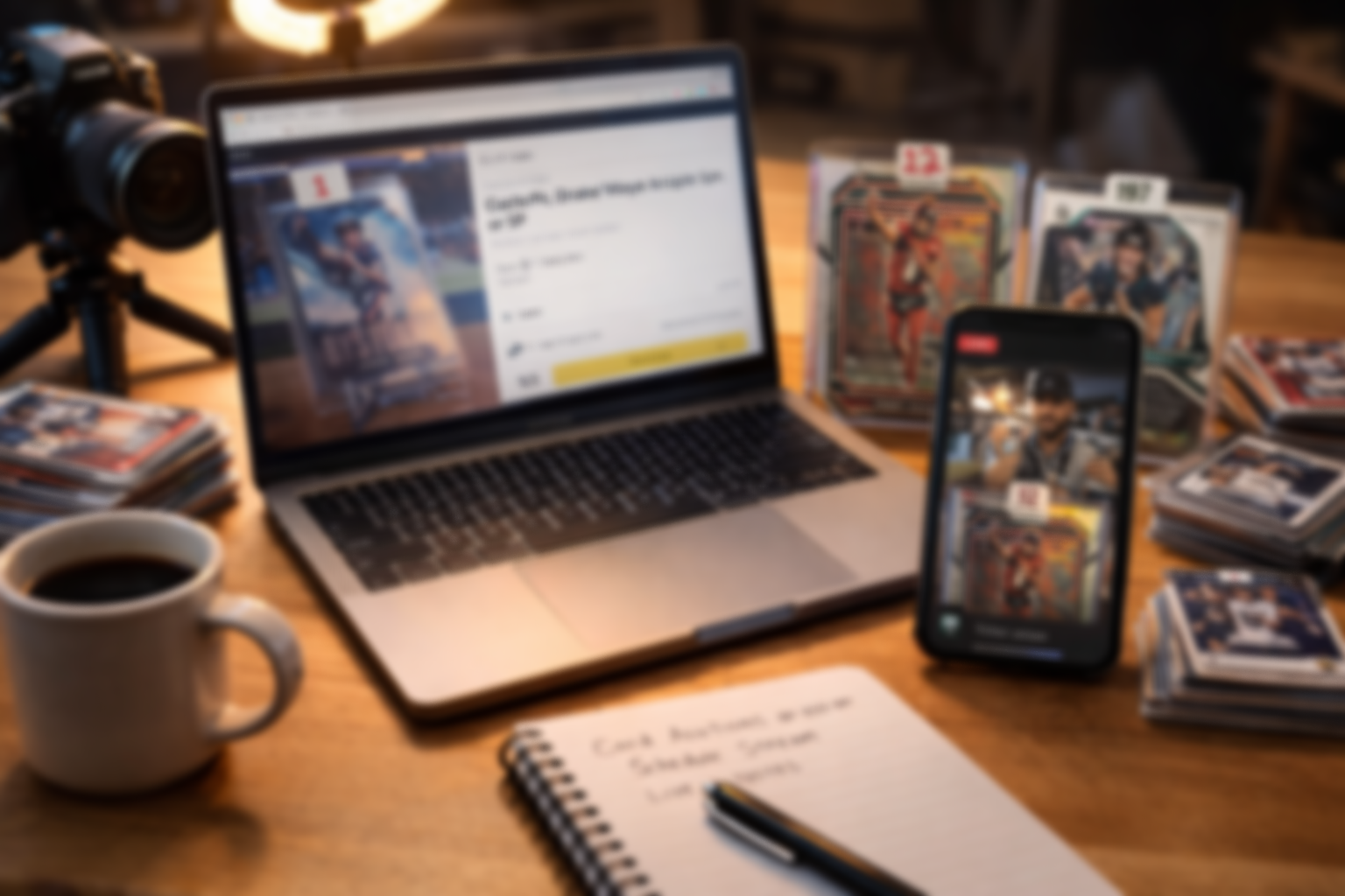 A workspace with a MacBook, smartphone, and a cup of coffee on a wooden table, surrounded by stacks of collectible trading cards, a camera, a spiral notebook, and a pen.