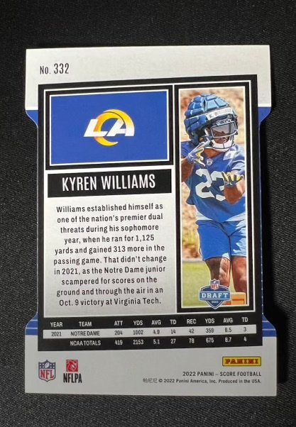 Football trading card of Kyren Williams, a Notre Dame running back, with team logo, a photo of him in uniform, and career stats.