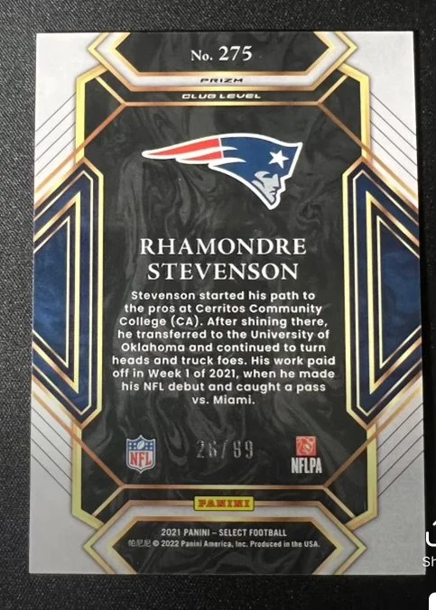 Football trading card of Rhamondre Stevenson with New England Patriots logo at the top, including a brief biography about his football career and Panini branding at the bottom.