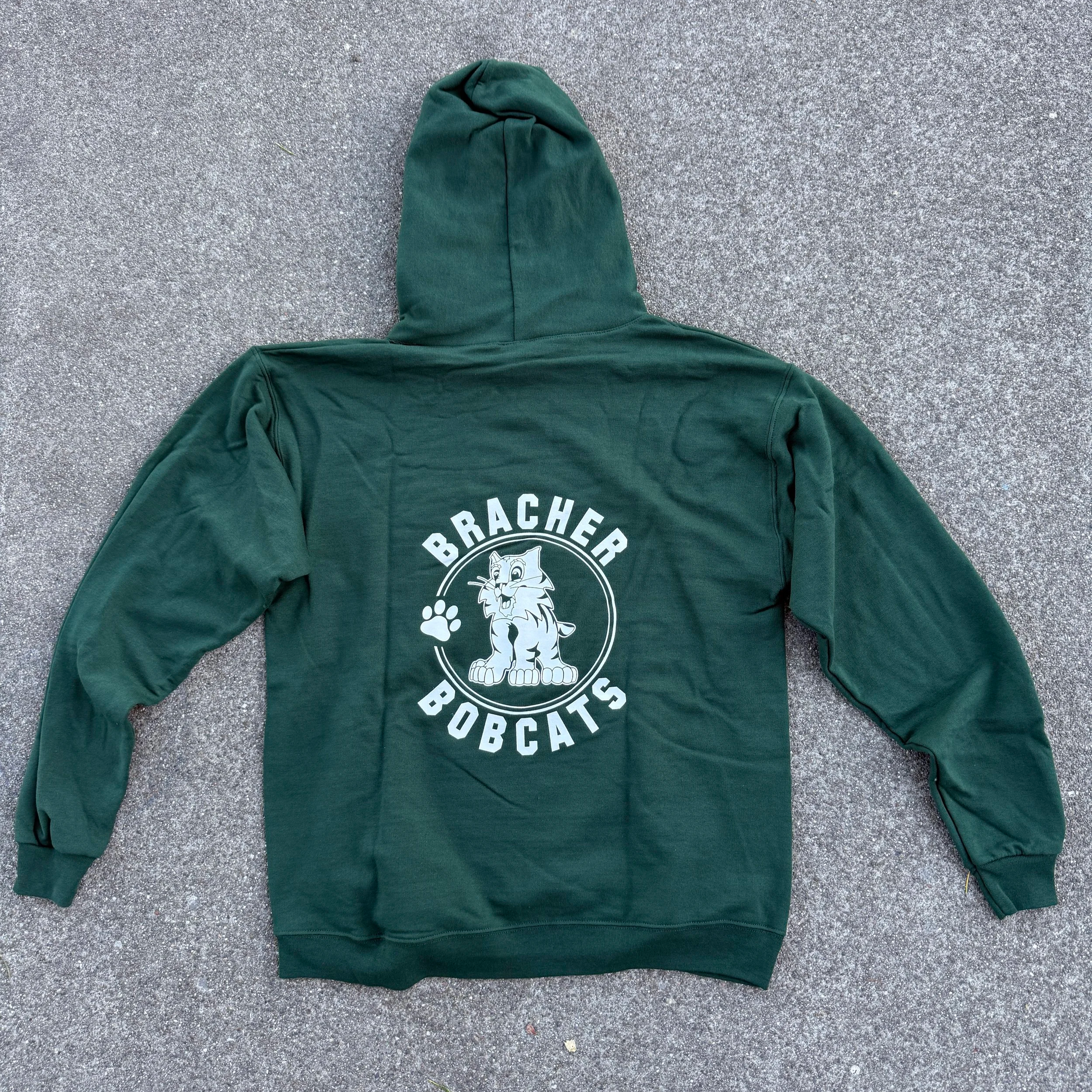 Green hoodie with a logo on the back that features a cartoon bobcat and the words "BRACHER BOBCATS".