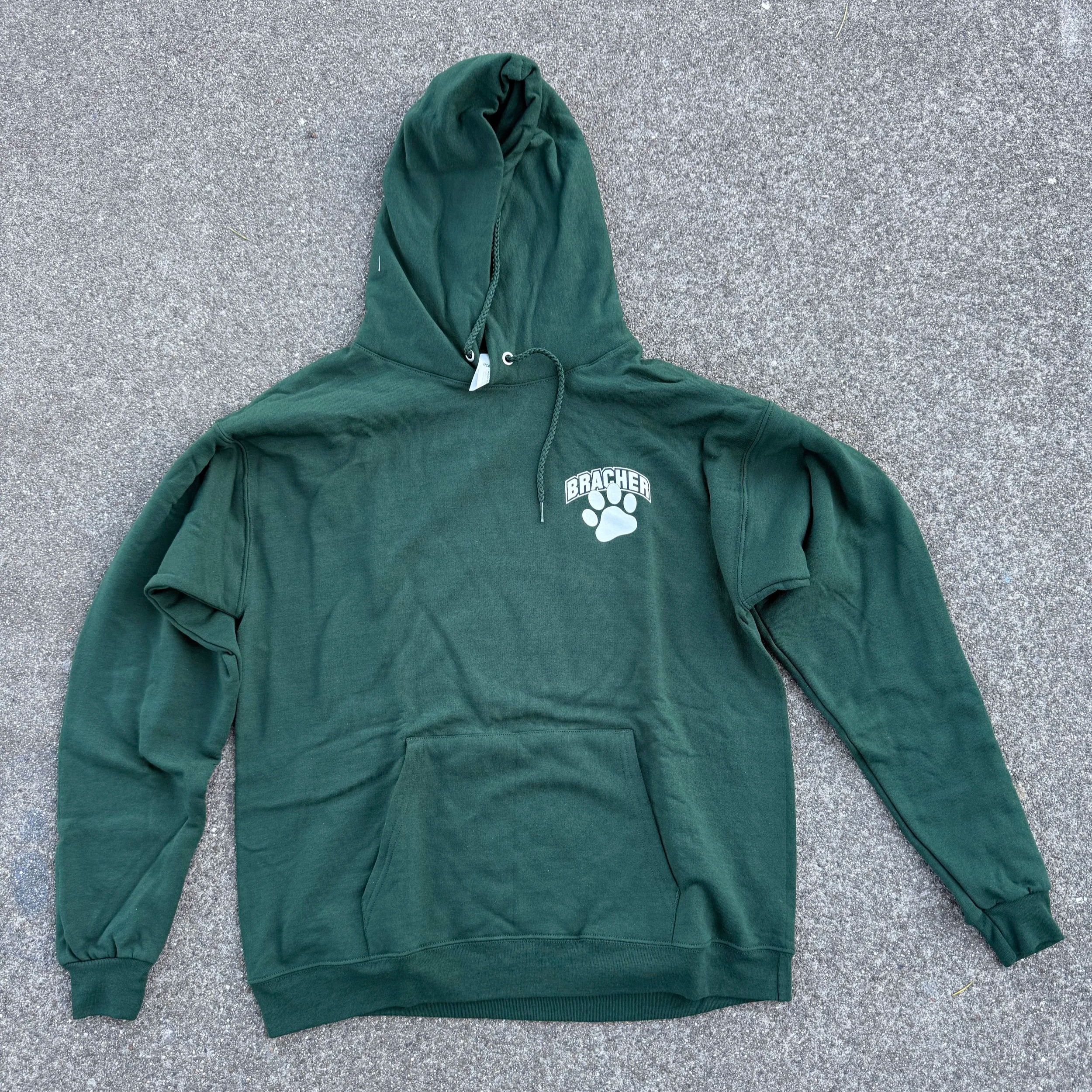 Green hoodie with a white paw print and the word 'BRACHER' on the left chest area, laid flat on a gray surface.