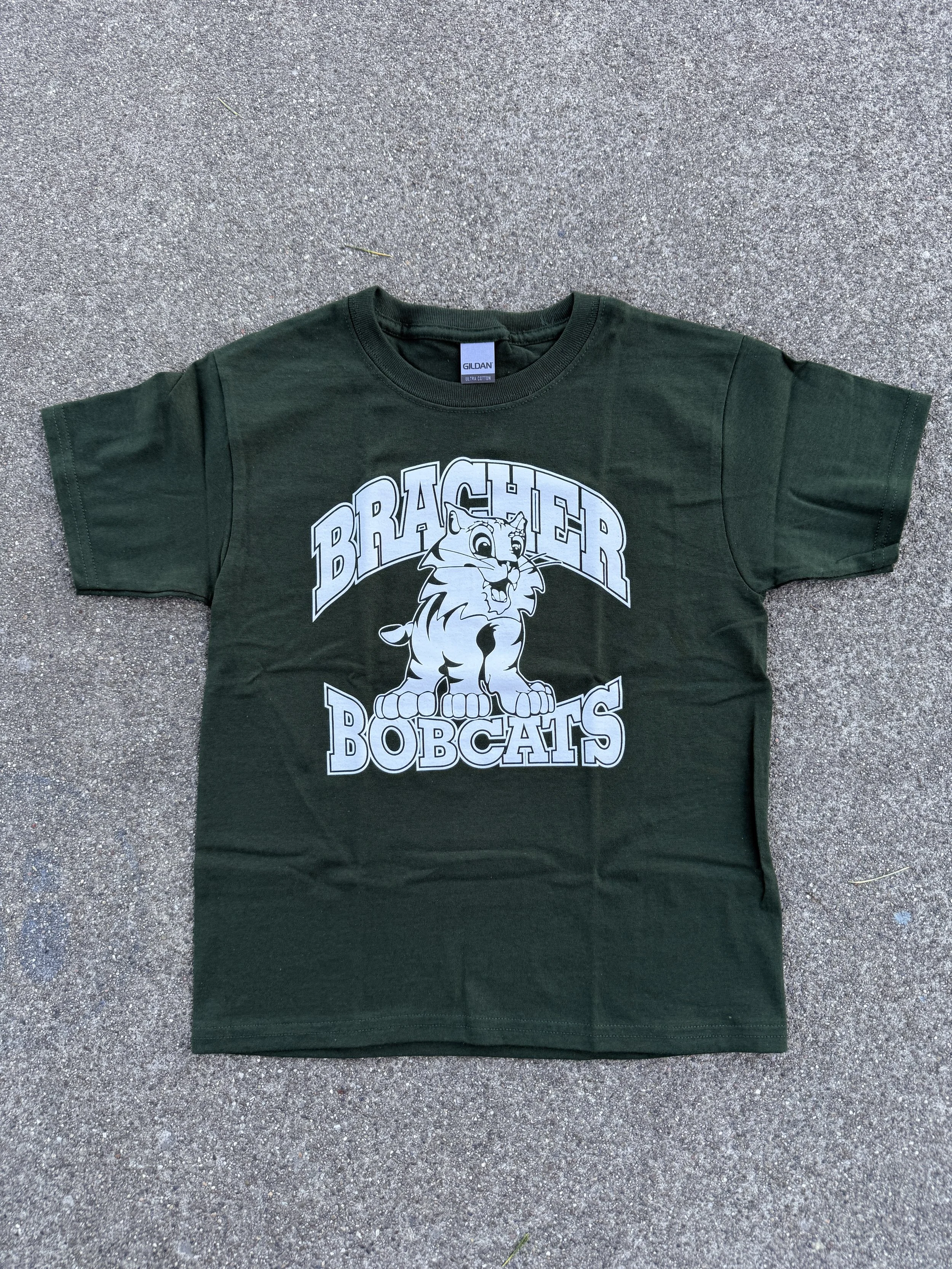 Green t-shirt with a graphic of the Bracher bobcat and text that reads "Bracher Bobcats."
