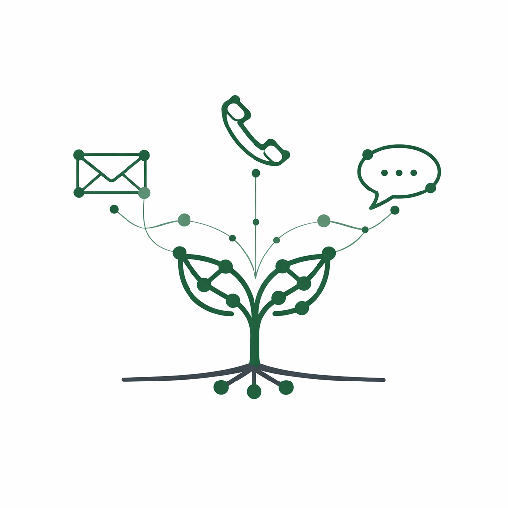 Digital illustration of a plant with communication icons such as an envelope, a telephone, and speech bubbles branching from it.