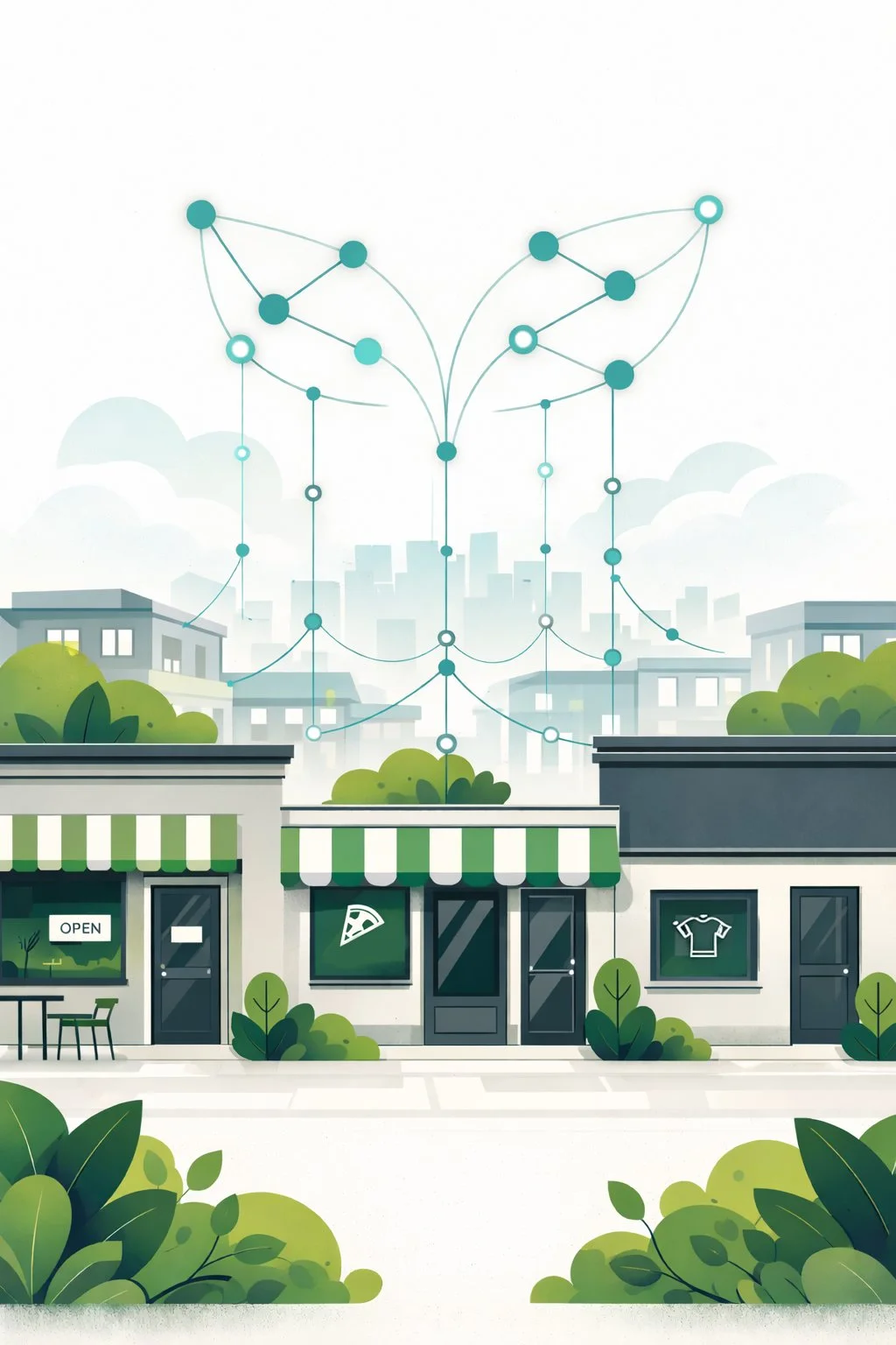 Illustration of a small neighborhood storefront with a green and white striped awning, outdoor seating, and surrounding bushes, with a city skyline and a digital butterfly design in the sky above.