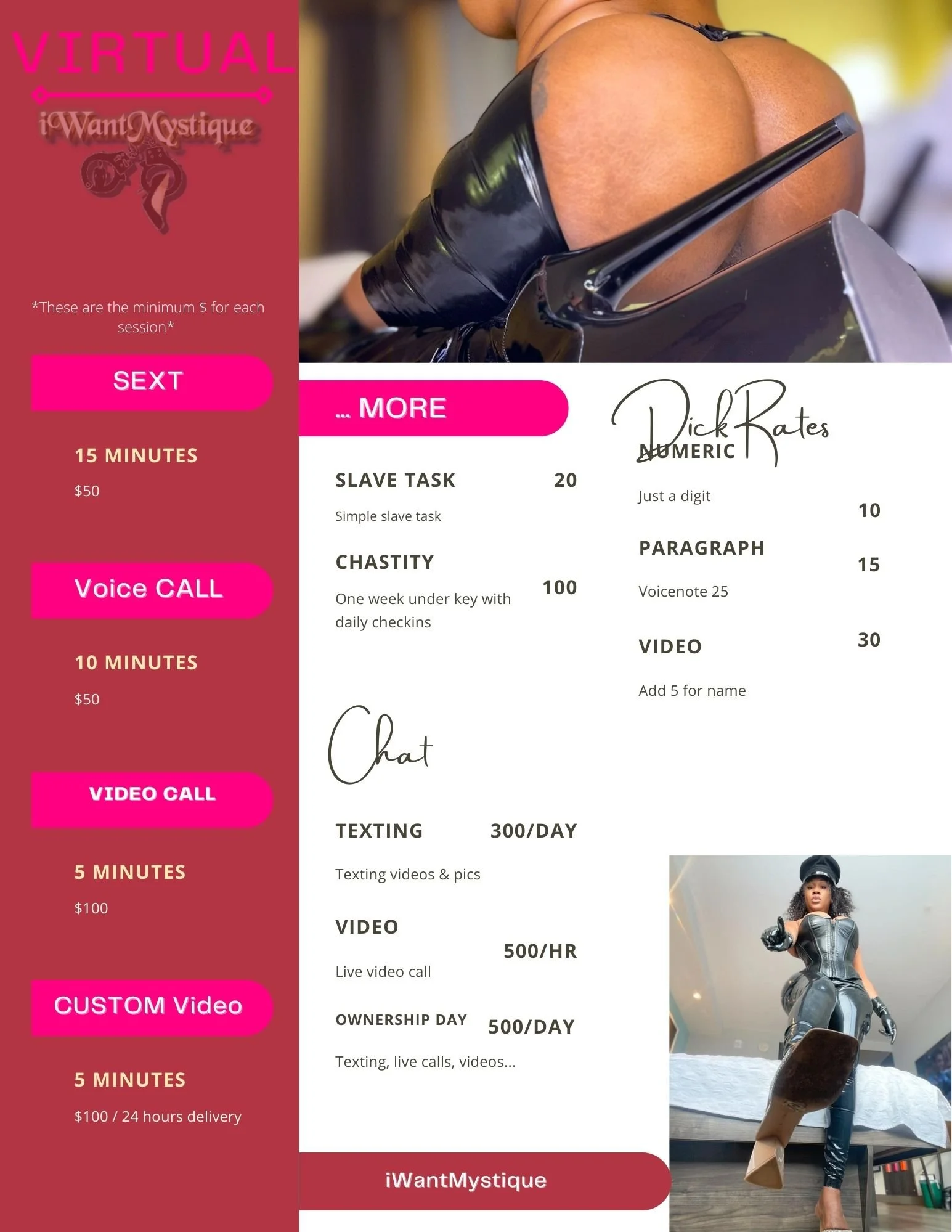 An advertisement screen for virtual adult services, featuring a woman in black latex attire with a high heel, and a woman in black latex outfit with a police style hat, posing in a room with a bed.