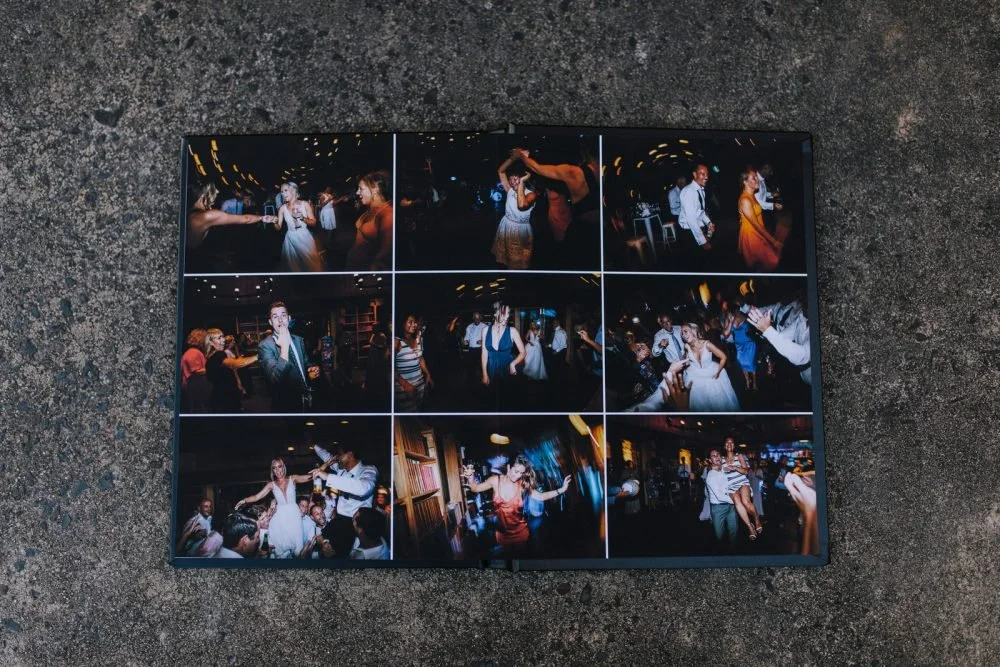 Collage of photographs showing people dancing and socializing at a party or wedding reception.