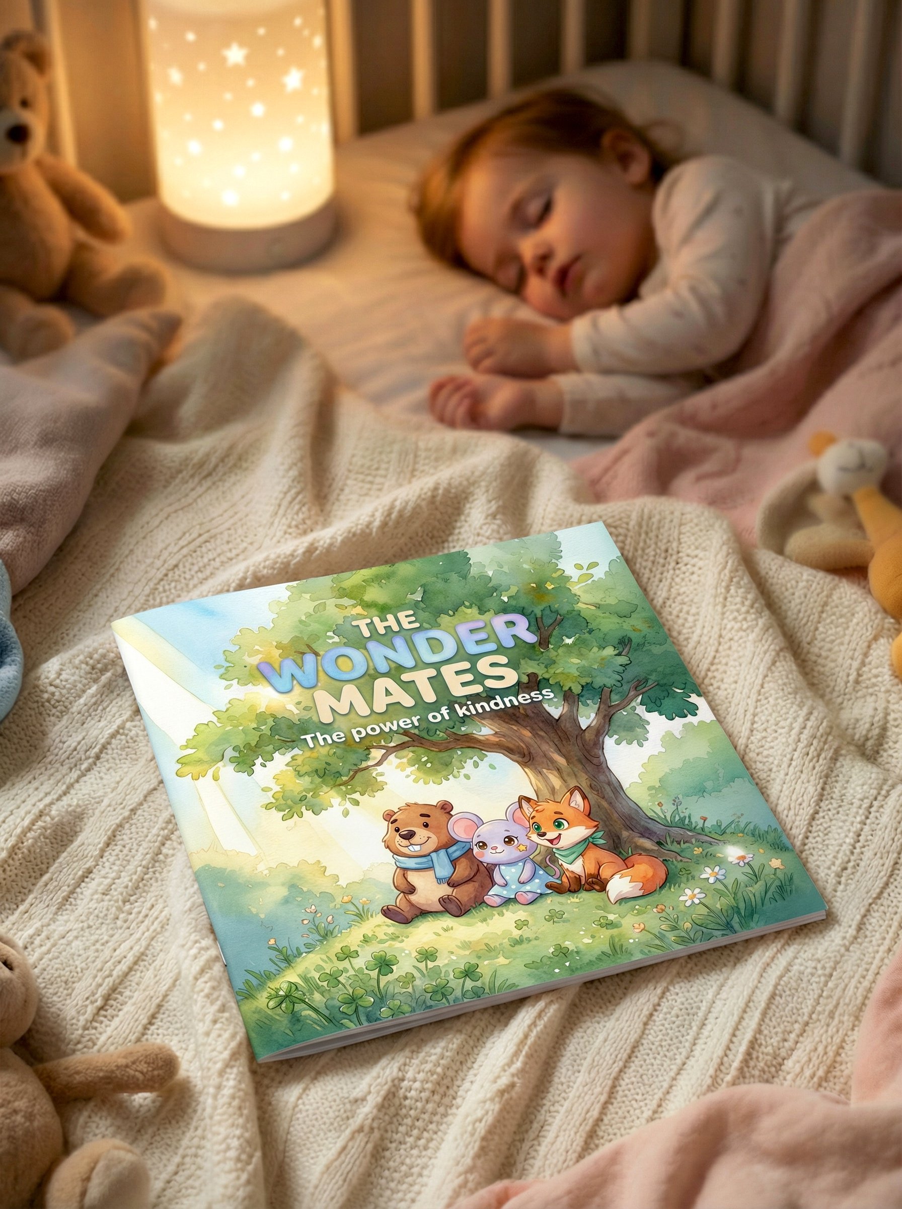 A young girl sleeping in bed with a book titled 'The Wonder Mates: The Power of Kindness' resting on a cream-colored blanket. The room has soft lighting, a teddy bear, and plush toys.