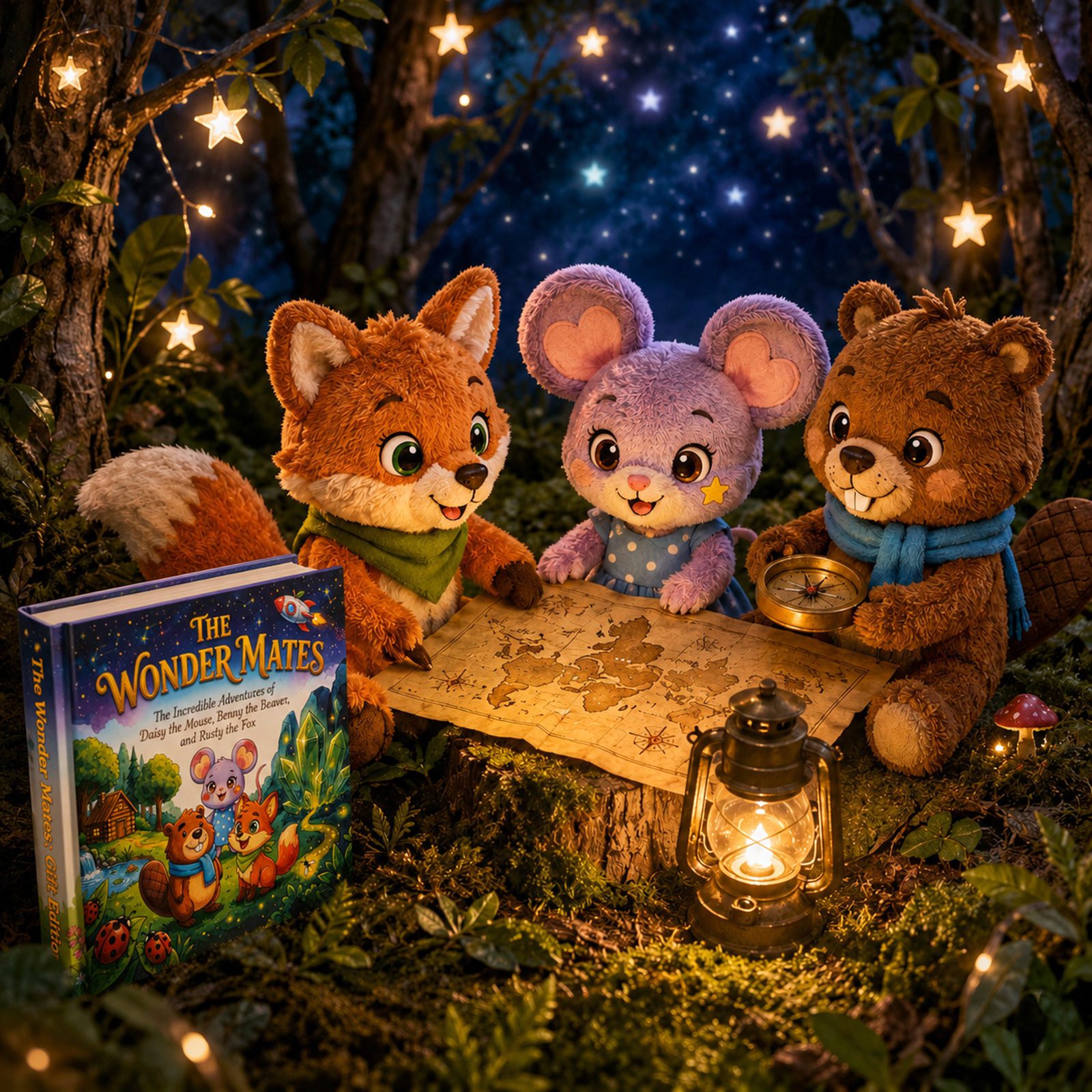 Three plush animal toys resembling a fox, mouse, and bear sit around a treasure map on a log in a forest setting with star-shaped lights hanging from trees. A book titled 'The Wonder Mates' is visible in the foreground, and a lantern provides warm light against a starry sky.