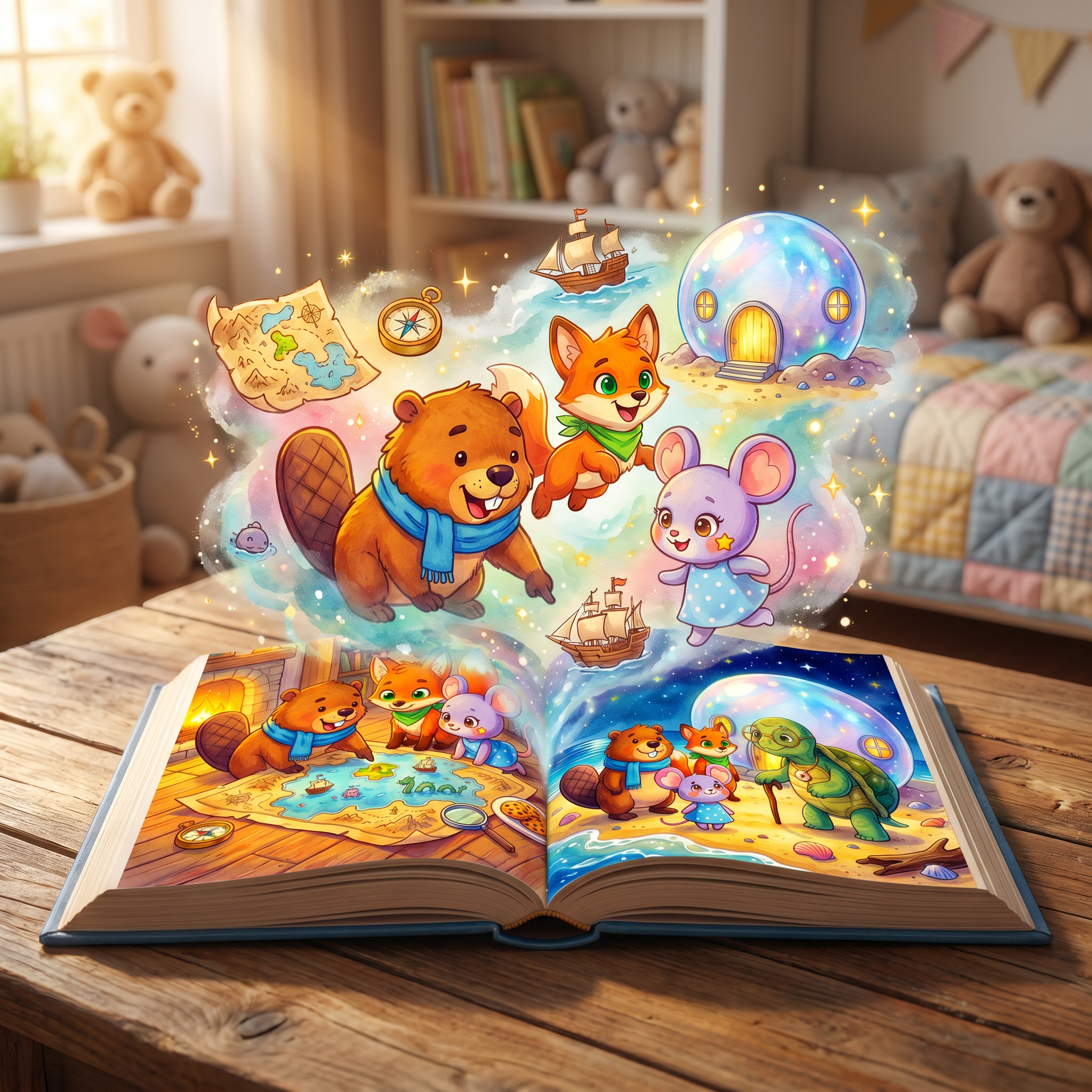 Open children's book with colorful illustrated animals, including a bear, fox, mouse, and turtle, on a wooden table with plush teddy bears and a bookshelf in the background.