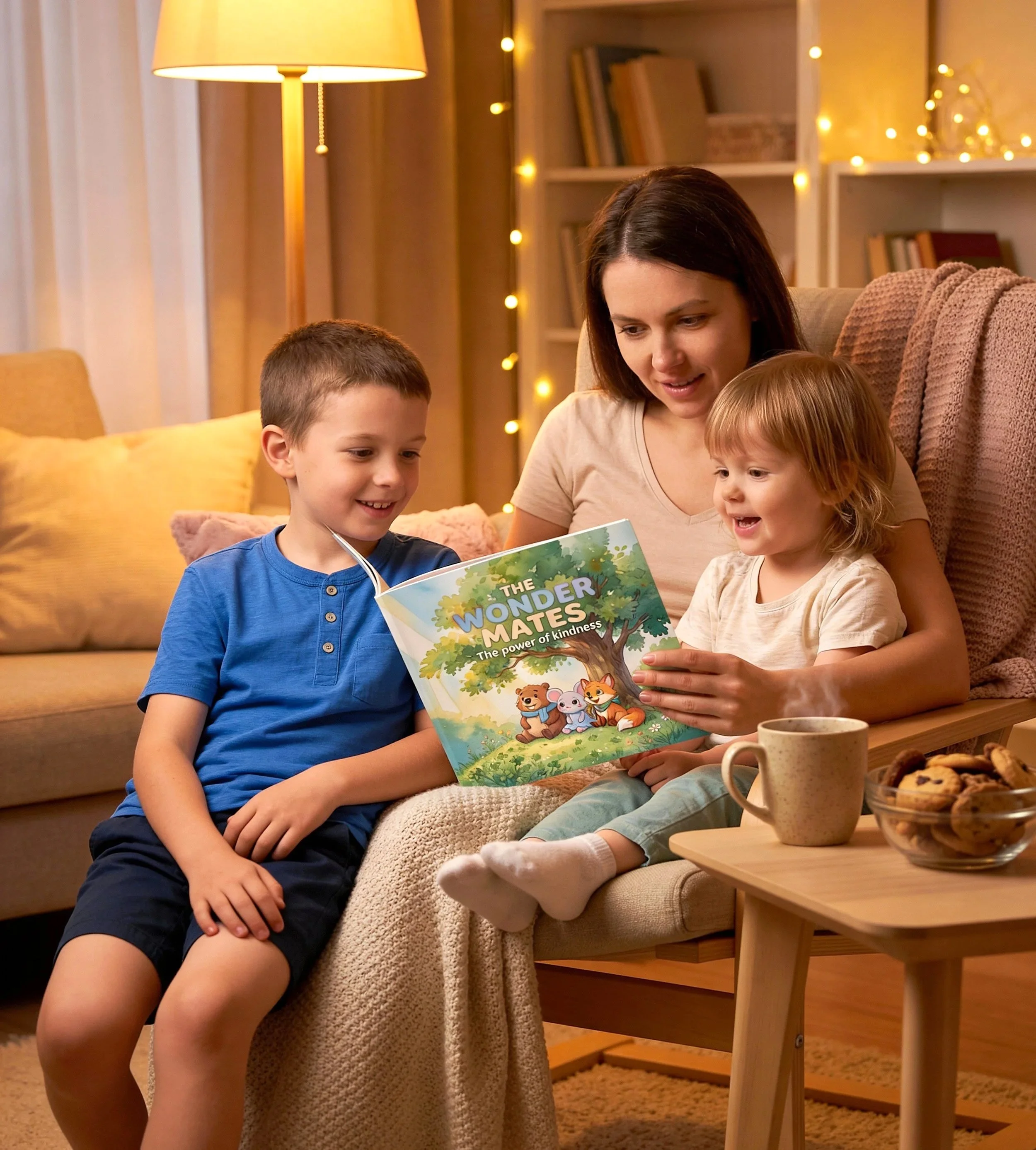 A woman and two children sitting on a beige armchair, reading a colorful book titled 'The Wonder Mates: The Power of Kindness'. The woman and a girl are smiling and looking at the book, while the boy is also looking at the book. There is a table with a mug and a bowl of cookies nearby, and a warm, cozy living room with a yellow pillow, a standing lamp, fairy lights, and bookshelves in the background.