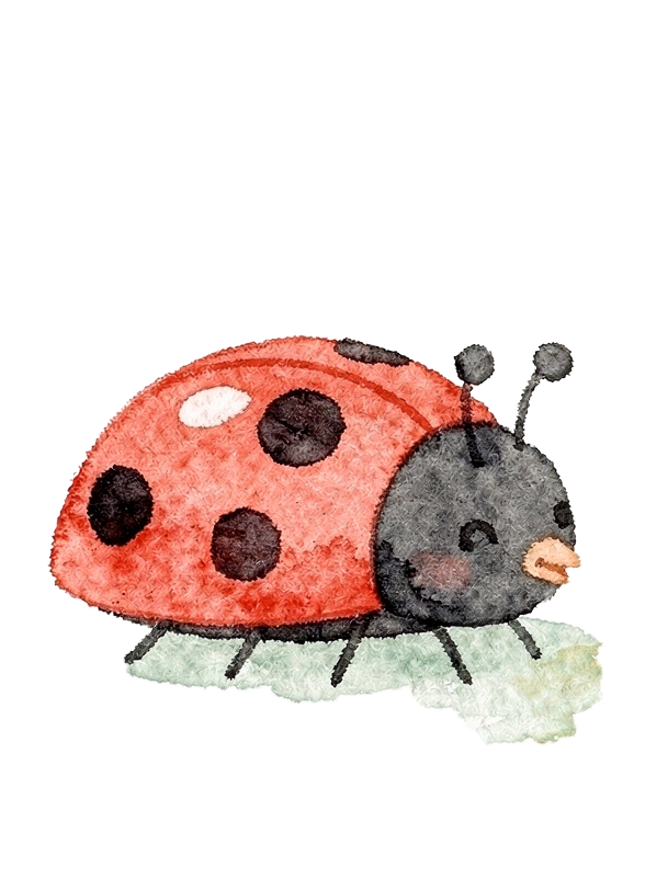 Watercolor illustration of a red ladybug with black spots and a black head, sitting on a small patch of pale green grass.