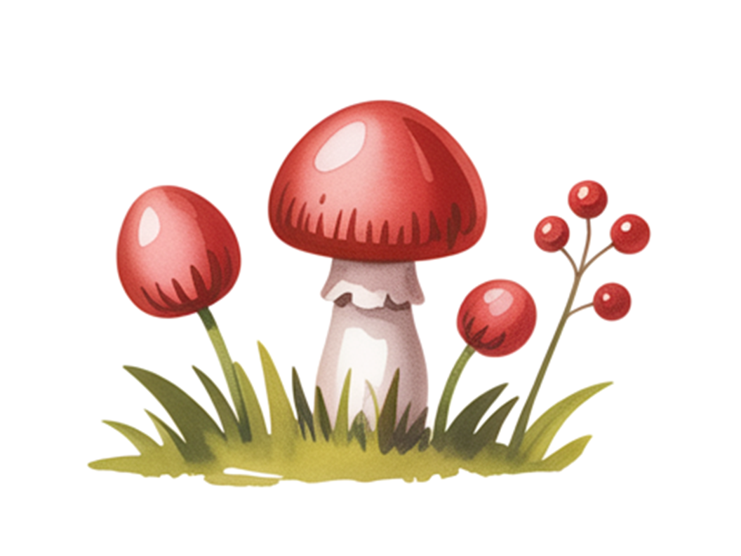 Illustration of red mushrooms with white stem and grass, and a small branch with red berries.