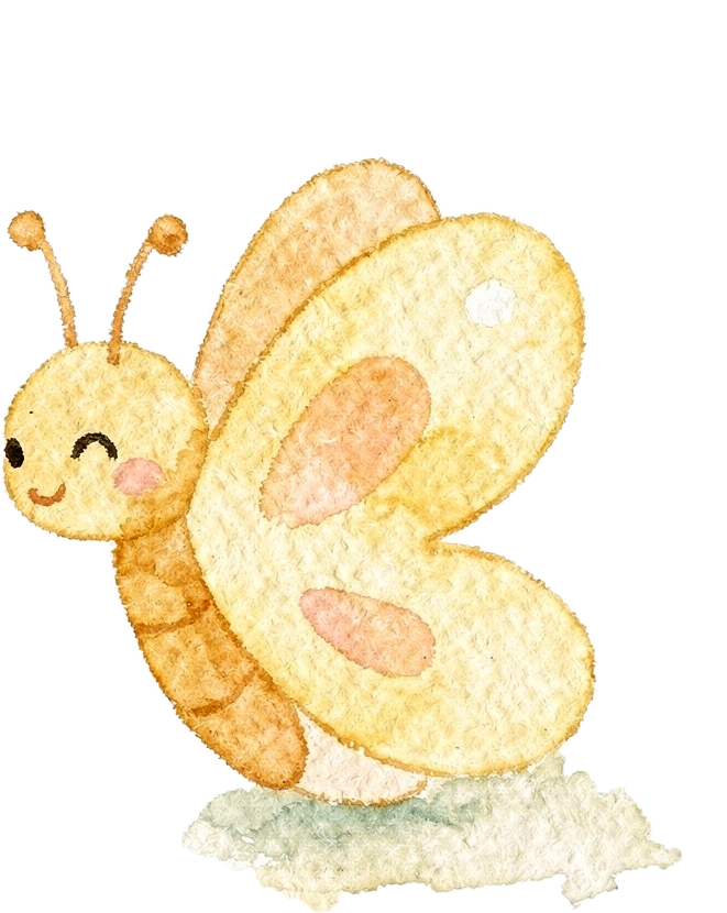 Watercolor illustration of a cute butterfly with a smiling bee face, winking eye, pink cheeks, yellow head, and light brown body, standing on a small patch of grass.