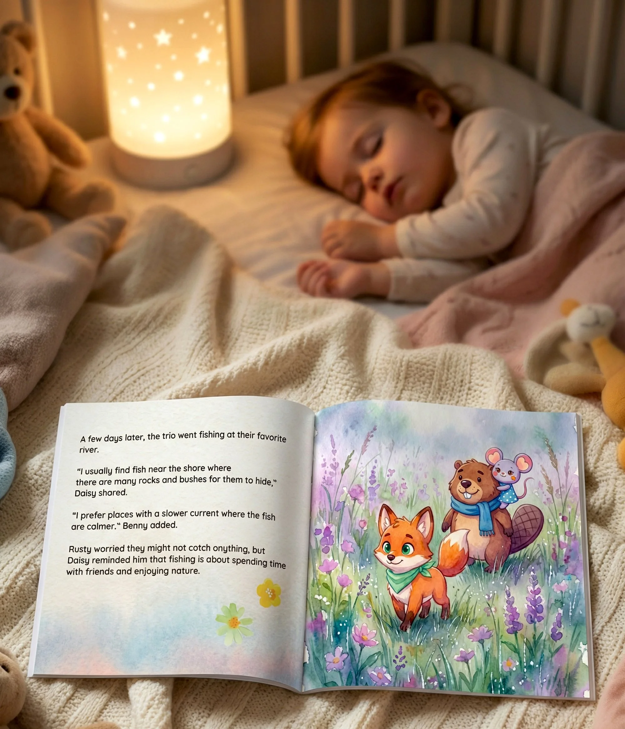 A young girl sleeping in her bed with stuffed animals and a lit starry night lamp, while an open illustrated children's book with a story and colorful animal characters is placed in the foreground.
