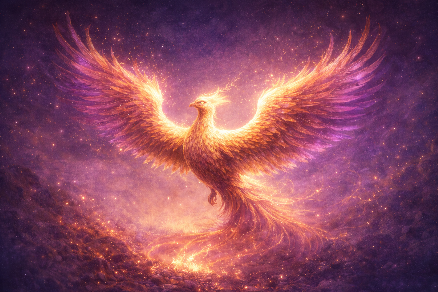 A majestic phoenix with glowing orange and purple feathers ascending from fiery ashes in a cosmic purple space background.