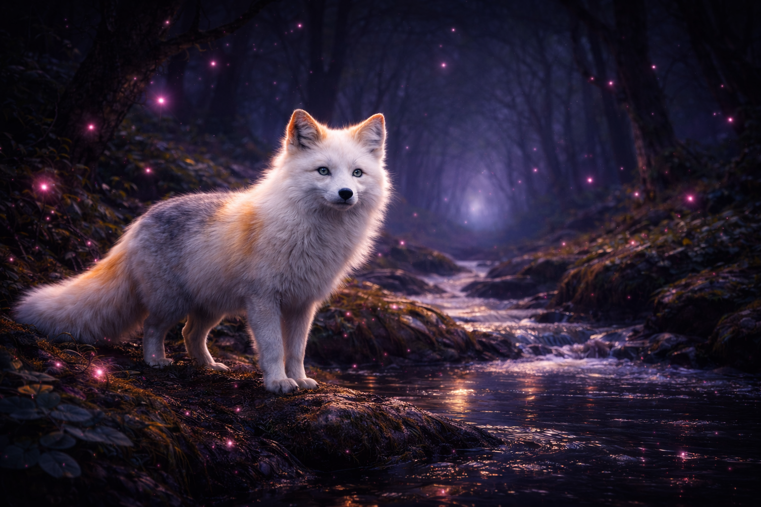 A fox in a mystical forest with glowing purple lights and a stream, illuminated by a soft glow.