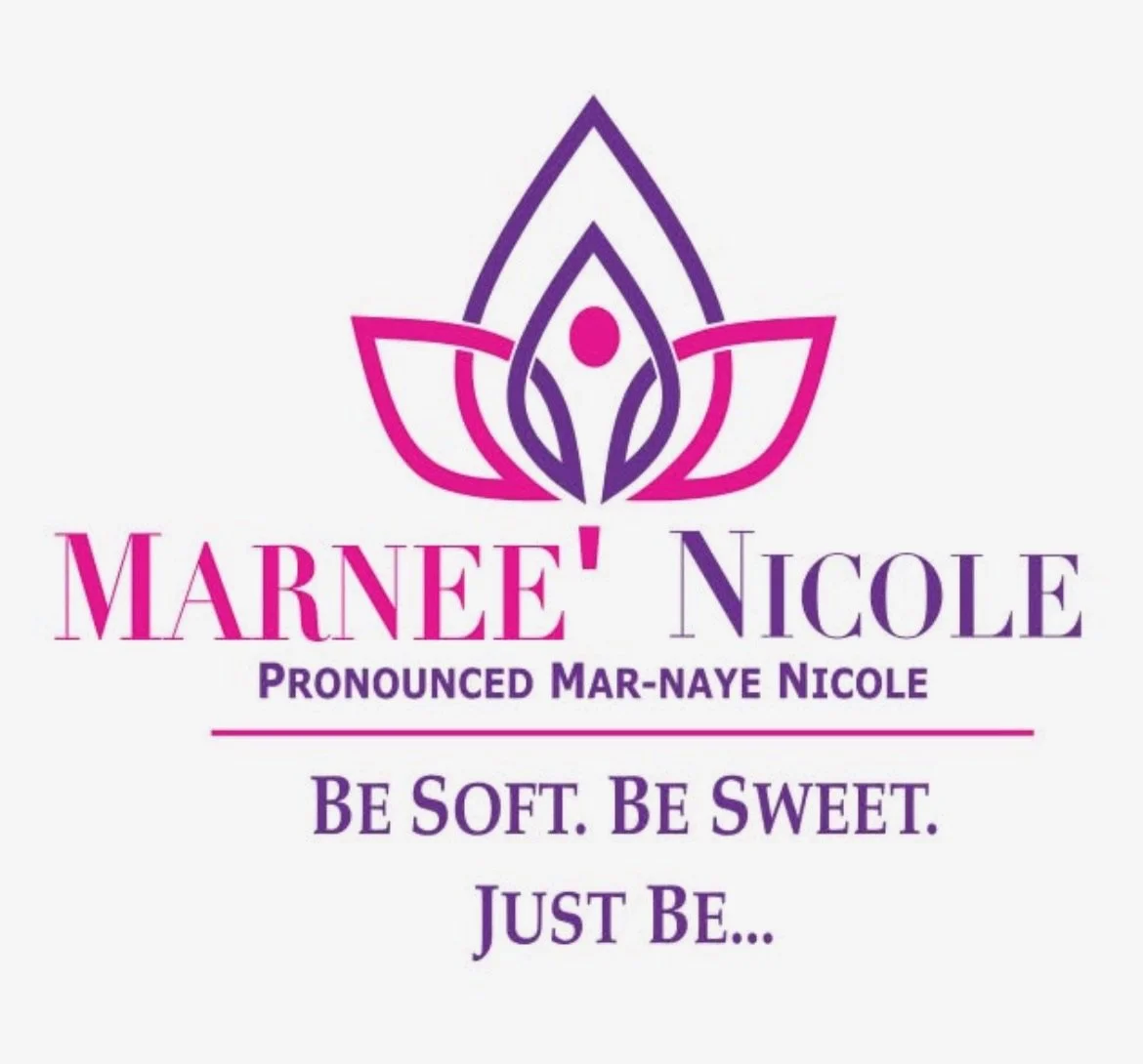 Logo with a pink and purple lotus flower graphic. Text reads 'Marnee Nicole,' with a pronunciation guide, and the slogan 'Be soft. Be sweet. Just be...'