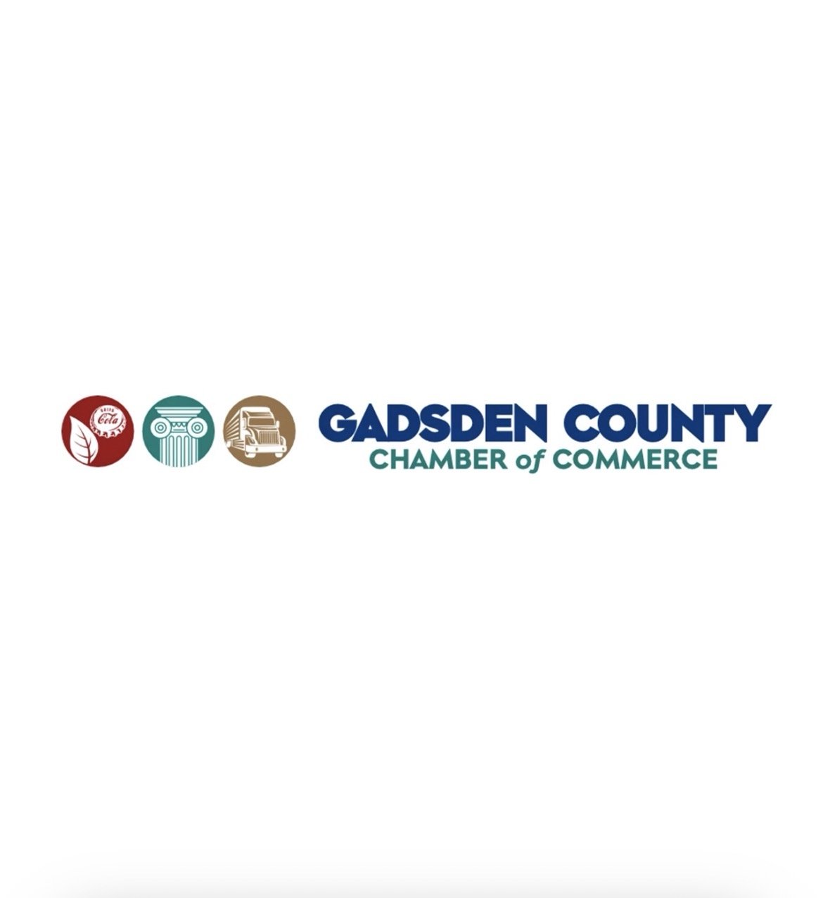 Gadsden County Chamber of Commerce logo with four icons: a leaf, a column, a semi-truck, and the text 'Gadsden County Chamber of Commerce'.