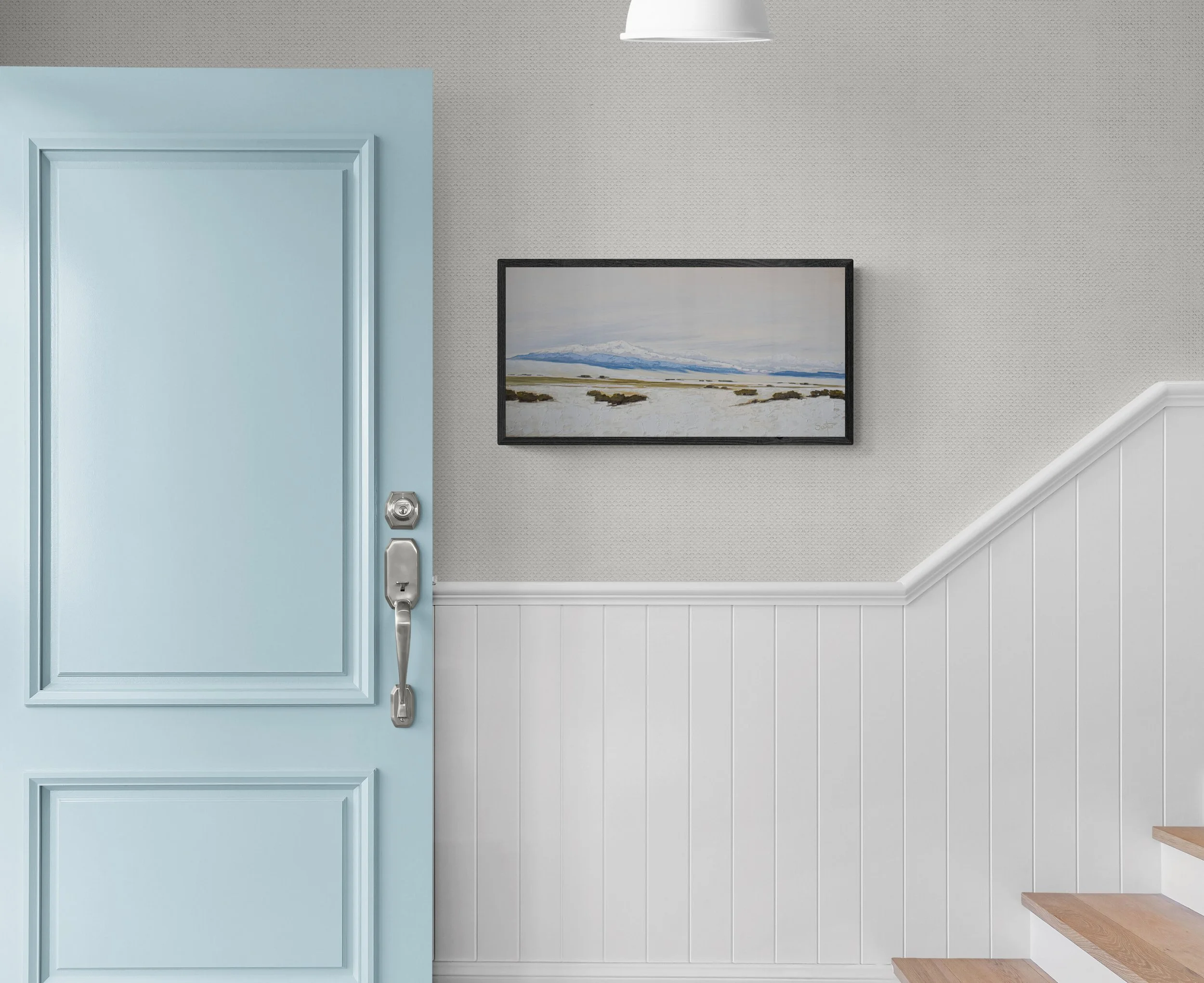 Room view showing "Dangerous Beauty," an original experiential landscape oil painting by Kelly Sooter, displayed in a contemporary interior to illustrate scale and presentation.