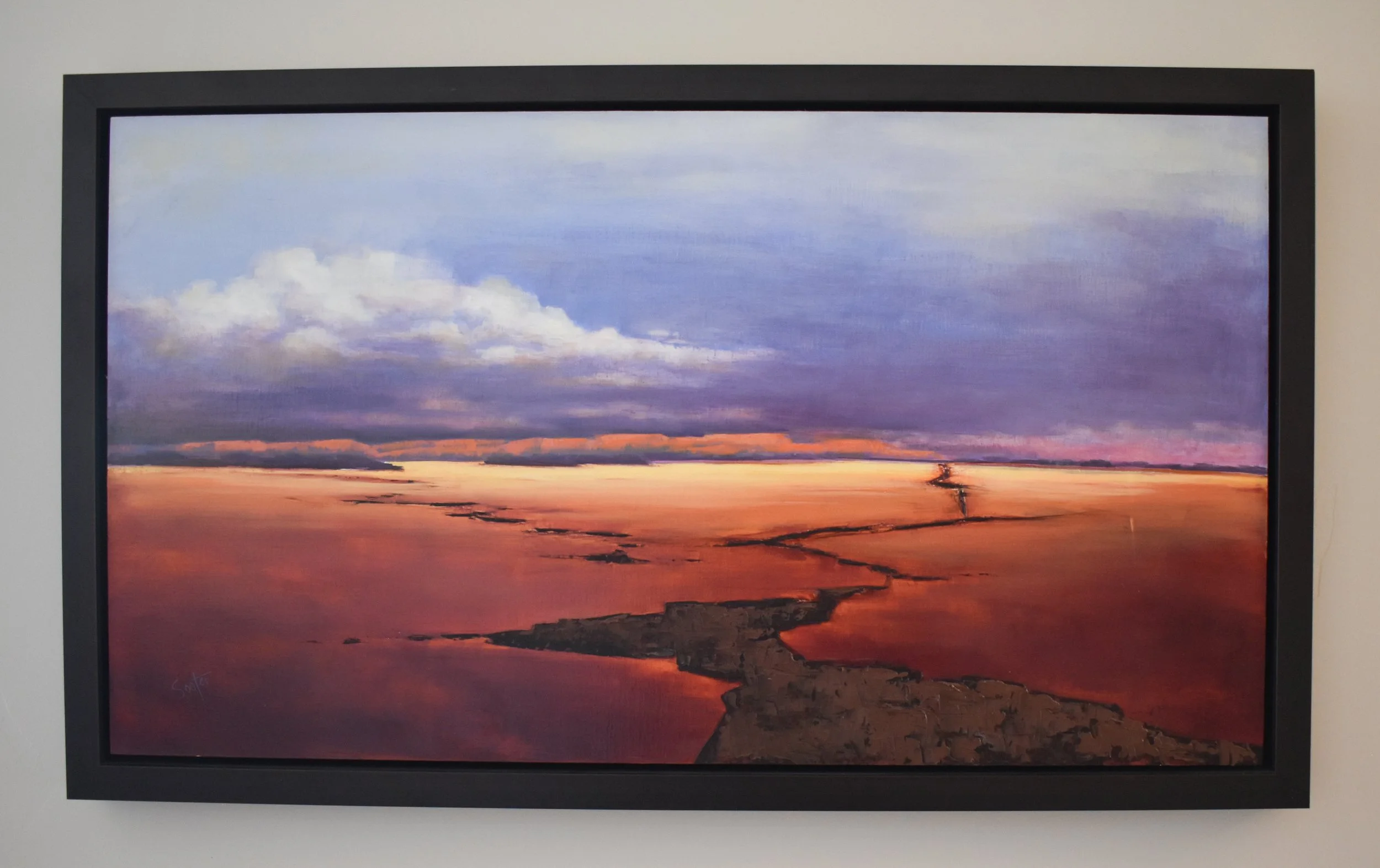 Framed view of Path Through The Storm, an original oil landscape painting by Kelly Sooter, shown in dark espresso gallery frame.