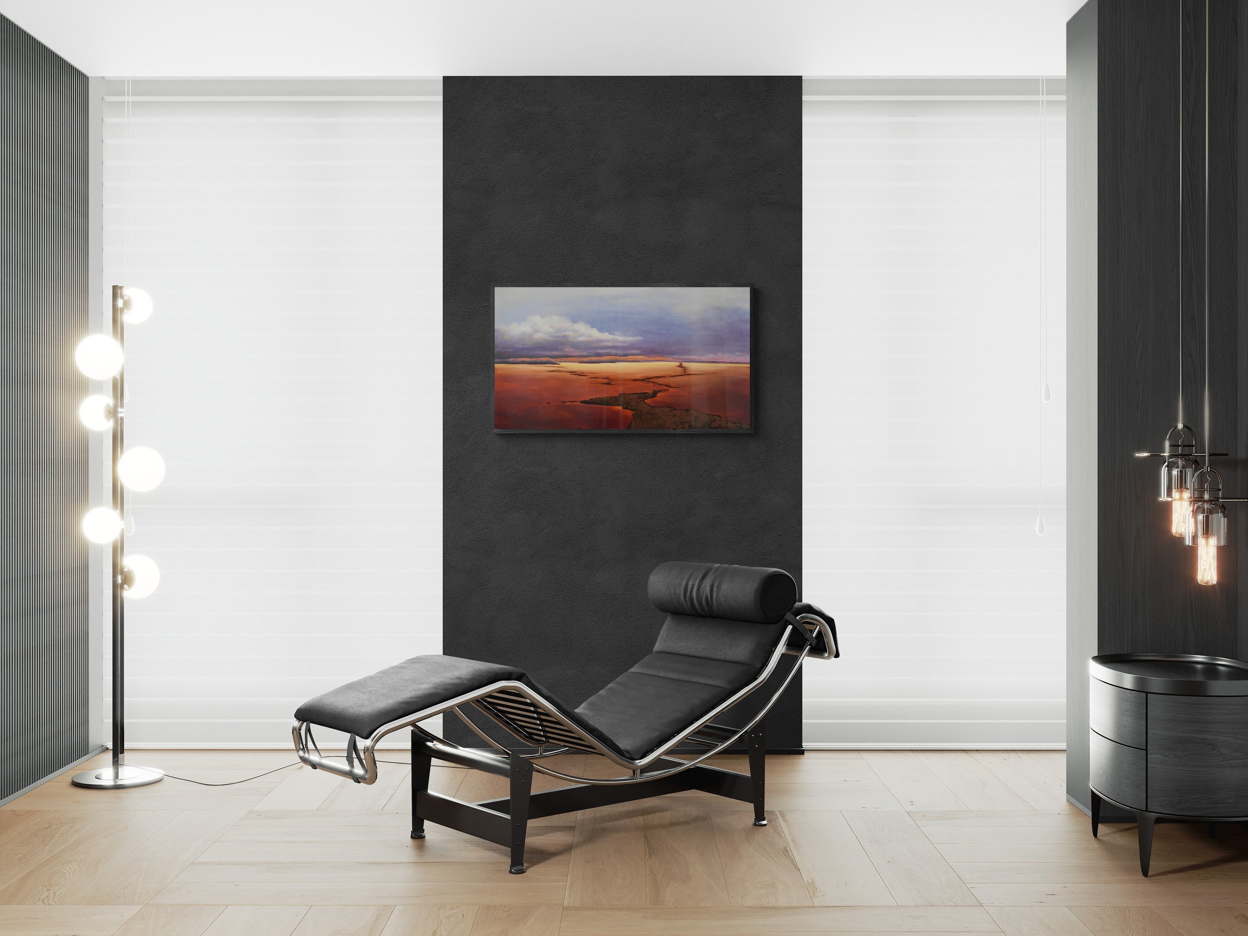 Room view showing Path Through The Storm, an original oil landscape painting by Kelly Sooter, displayed in a contemporary interior to illustrate scale, presentation, and placement.