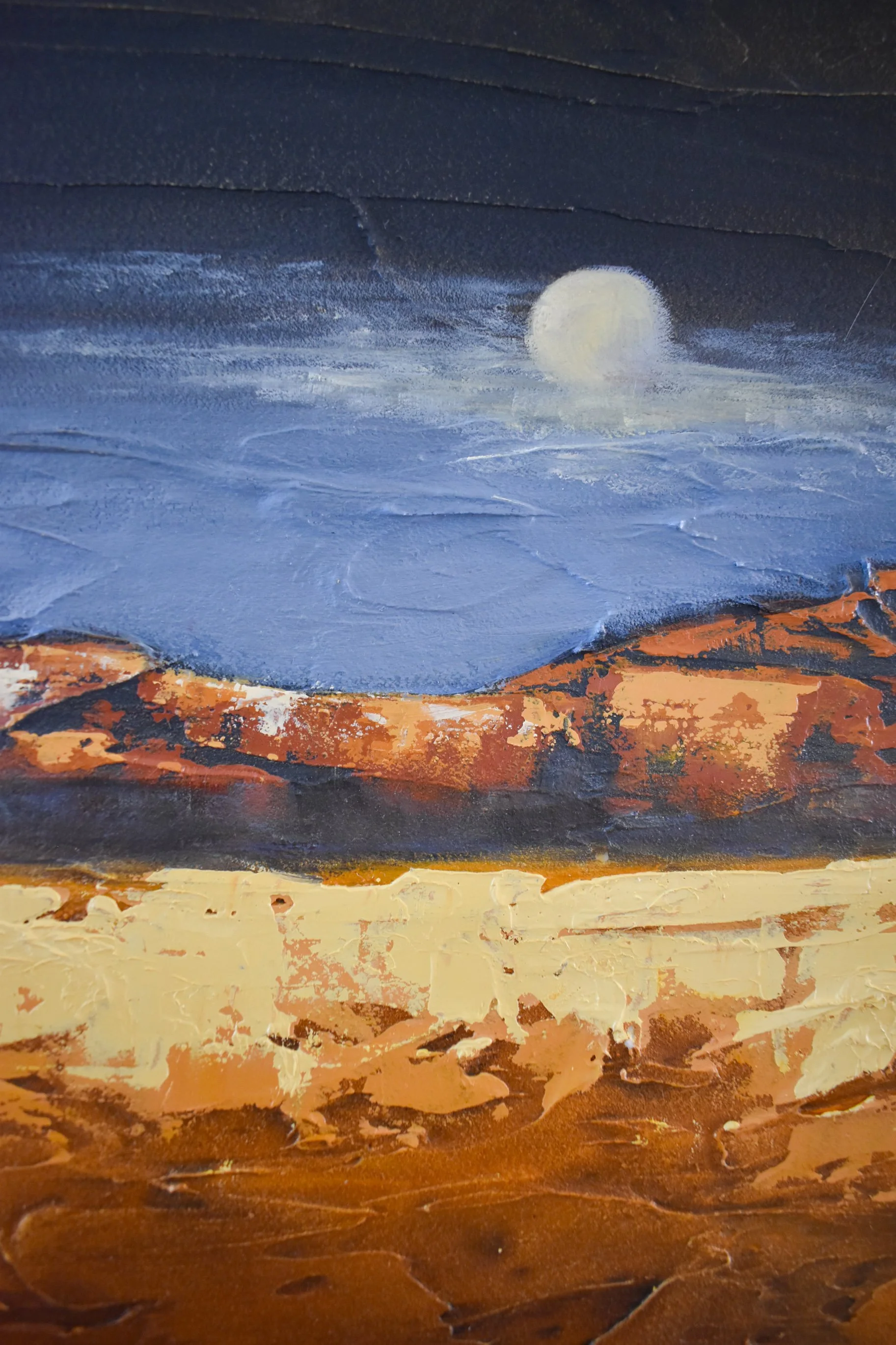 Close-up detail of Enduring Light by Kelly Sooter featuring a luminous moon above layered desert formations with richly textured paint and expressive brushwork.