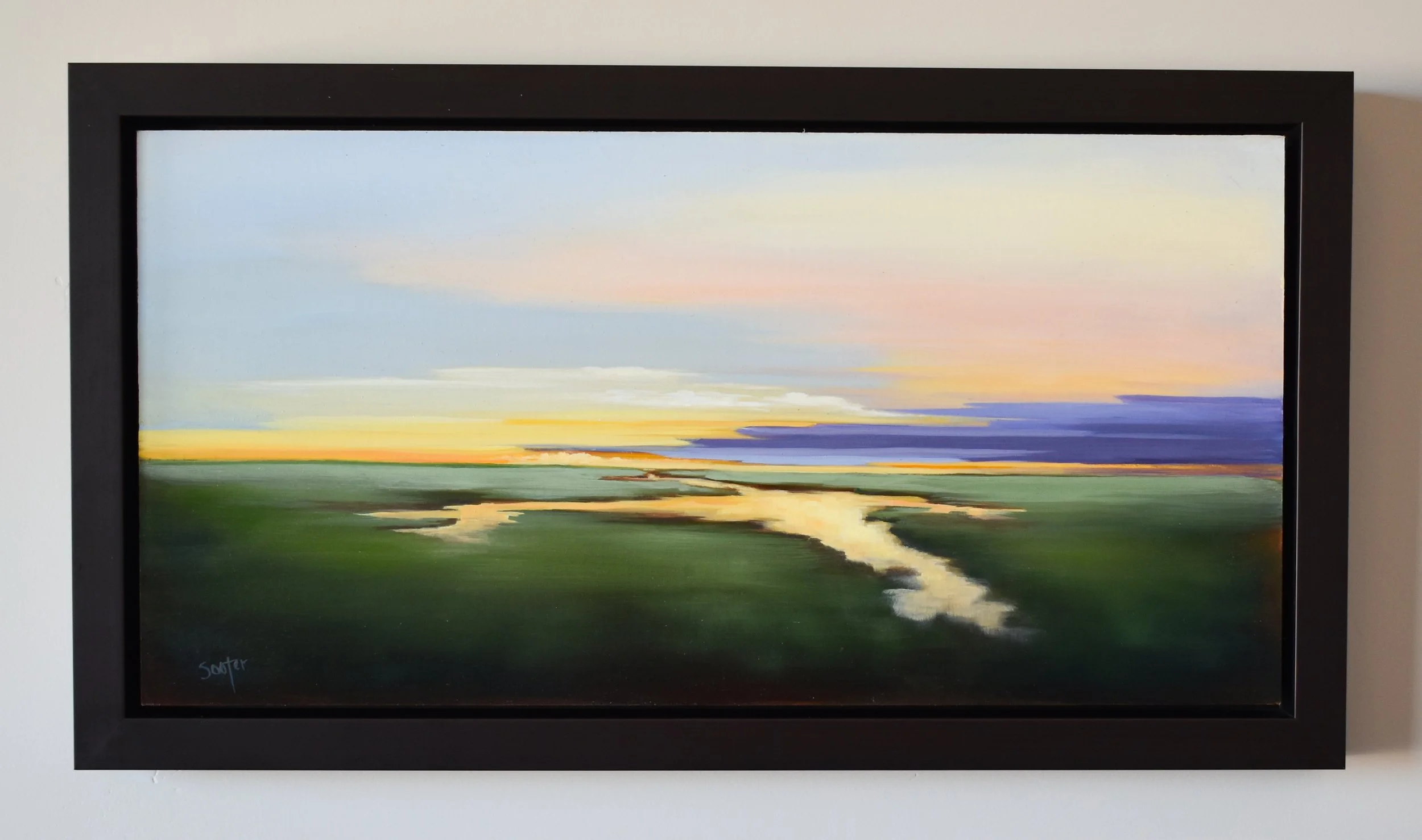 Framed view of Gratitude, an original experiential landscape oil painting by Kelly Sooter.