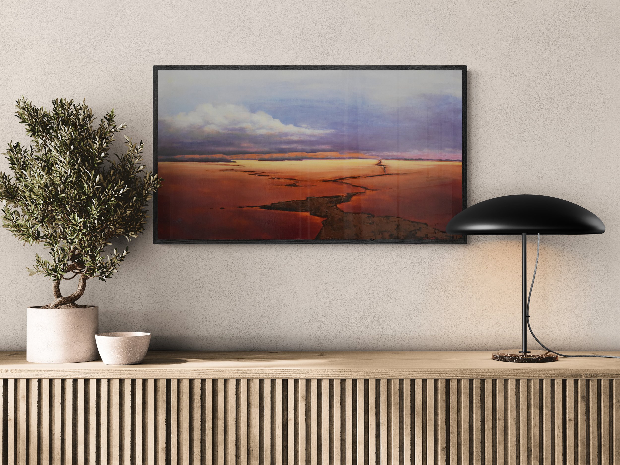 Room view showing Path Through The Storm, an original oil landscape painting by Kelly Sooter, displayed in a contemporary interior to illustrate scale, presentation, and placement.