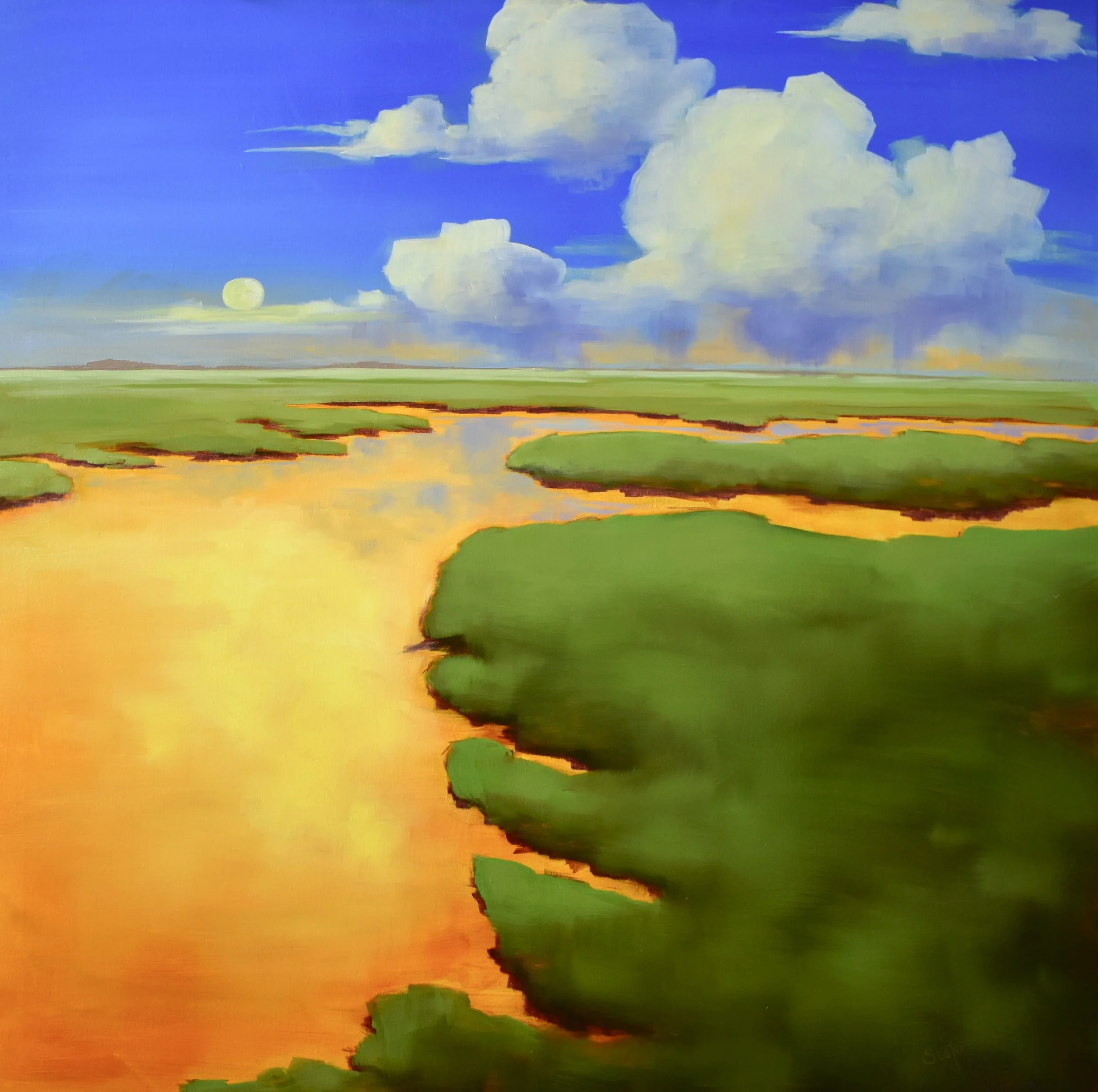 When the Sky Opens, original oil painting by Kelly Sooter. An experiential landscape depicting a desert plain beneath widening skies as a distant storm approaches, expressing renewal, hope, and the first signs of change.