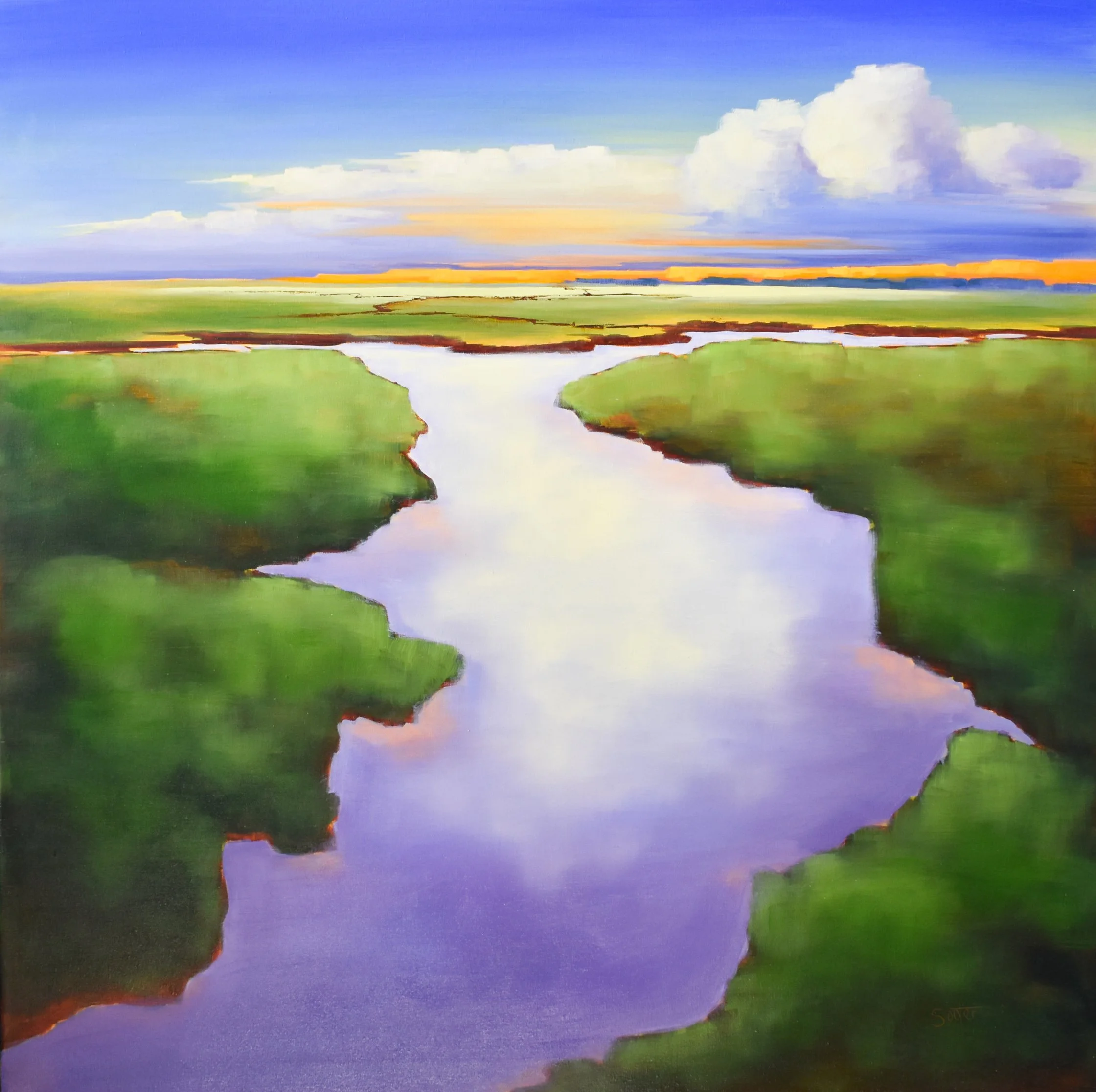Calm Waters, original contemporary experiential landscape oil painting by Kelly Sooter featuring a luminous waterway, open marsh landscape, expansive sky, and soft evening light.