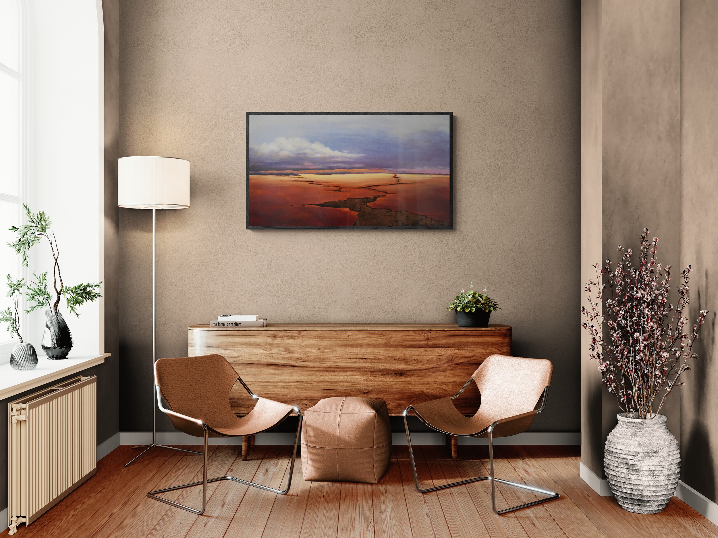 Room view showing Path Through The Storm, an original oil landscape painting by Kelly Sooter, displayed in a contemporary interior to illustrate scale, presentation, and placement.