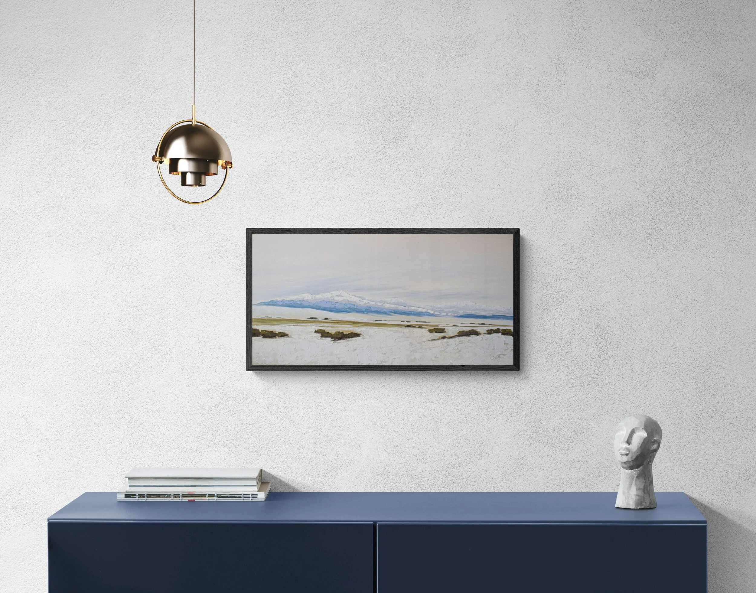 Room view showing "Gratitude," an original experiential landscape oil painting by Kelly Sooter, displayed in a contemporary interior to illustrate scale and presentation.