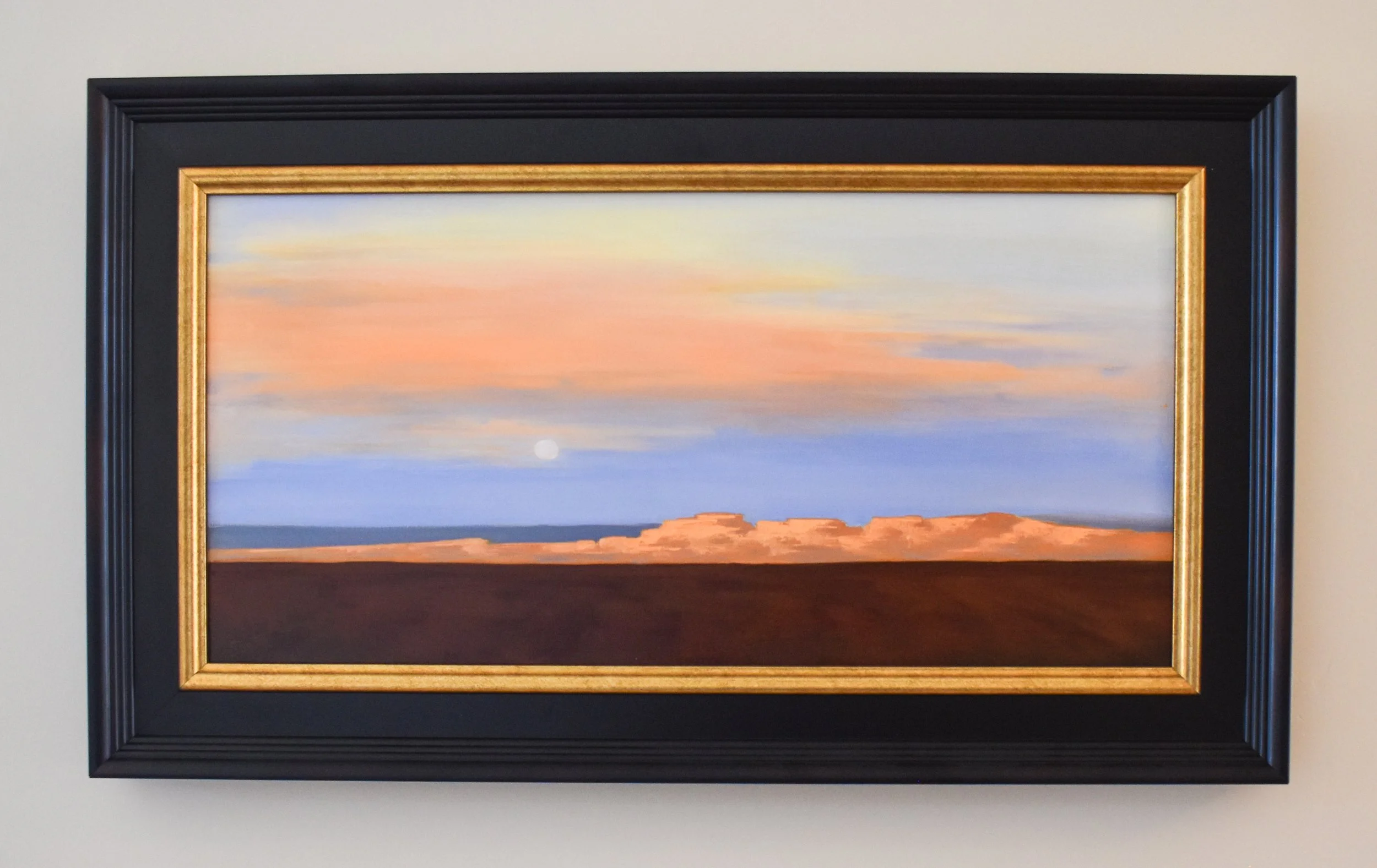framed view of Making A Statement, an original oil landscape painting by Kelly Sooter, shown in dark espresso gallery frame.