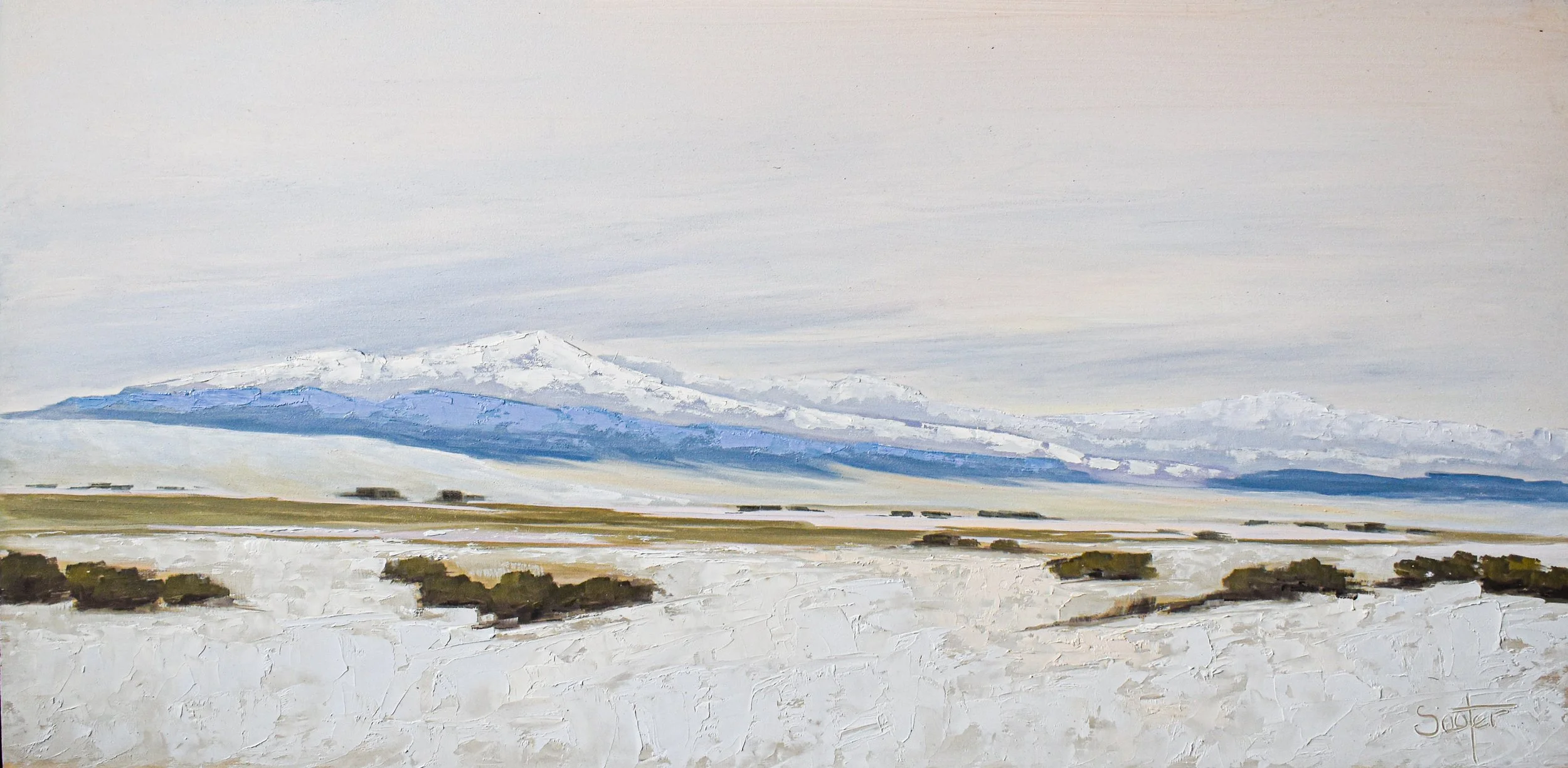 dangerous-beauty, original experiential landscape oil painting by Kelly Sooter depicting a luminous desert landscape with distant mountains, open terrain, and reflective water, expressing appreciation, perspective, and quiet abundance.