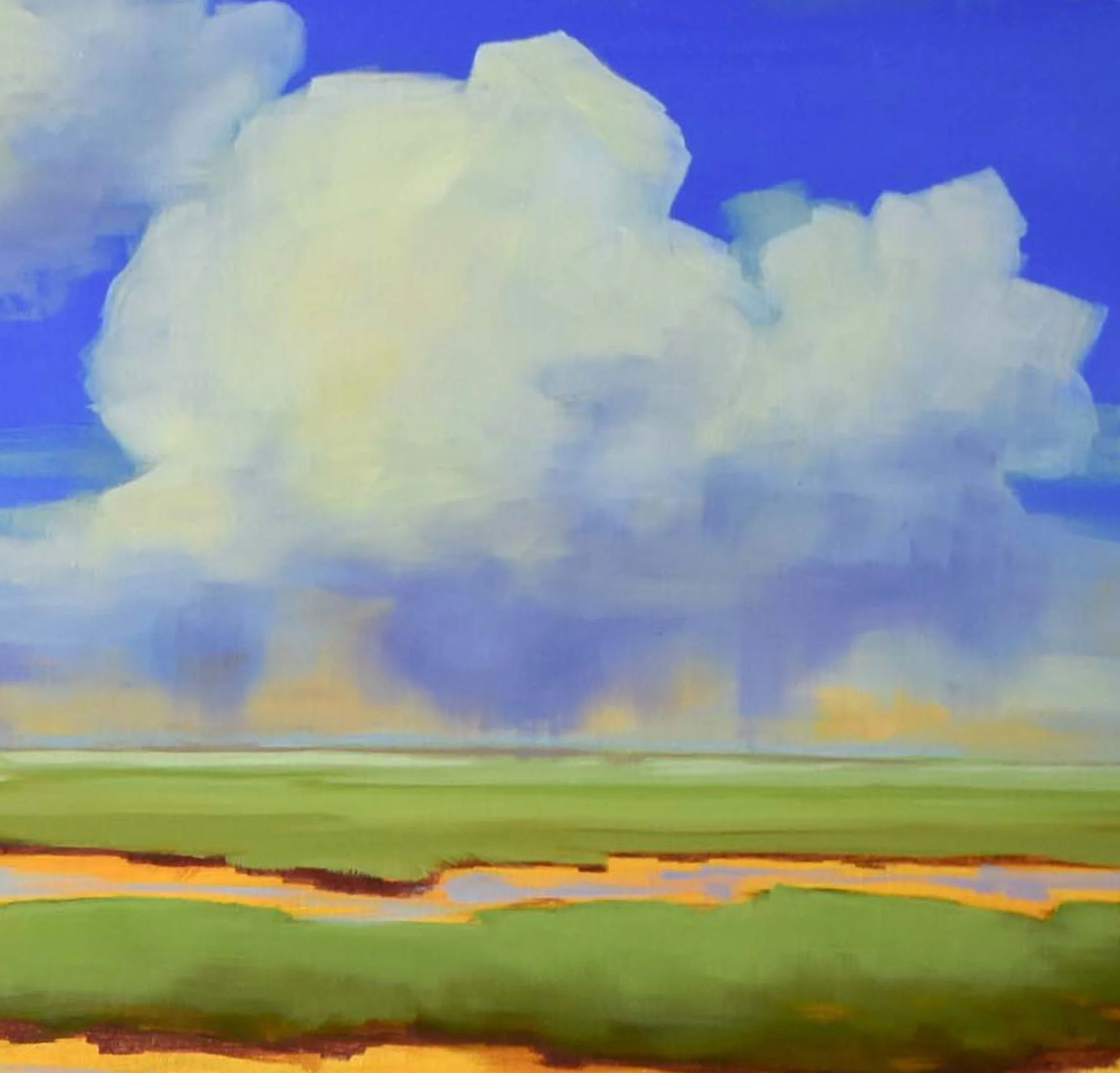 Detail of When the Sky Opens by Kelly Sooter showing luminous storm clouds and layered oil paint.
