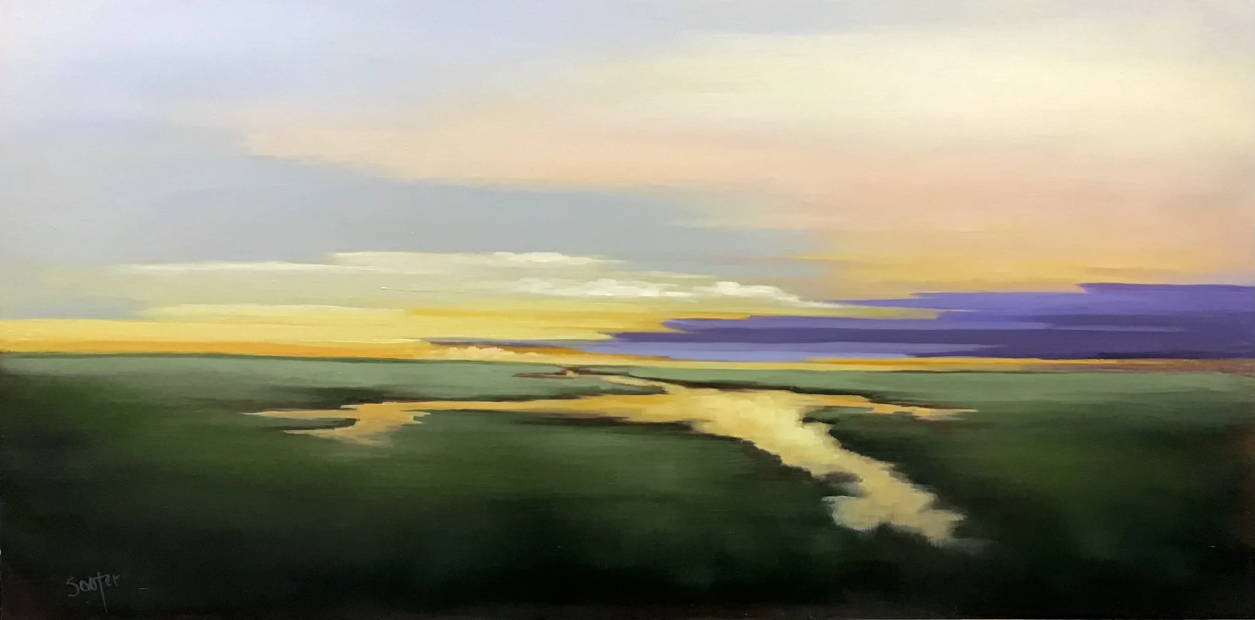 Gratitude, original experiential landscape oil painting by Kelly Sooter depicting a luminous desert landscape with distant mountains, open terrain, and reflective water, expressing appreciation, perspective, and quiet abundance.