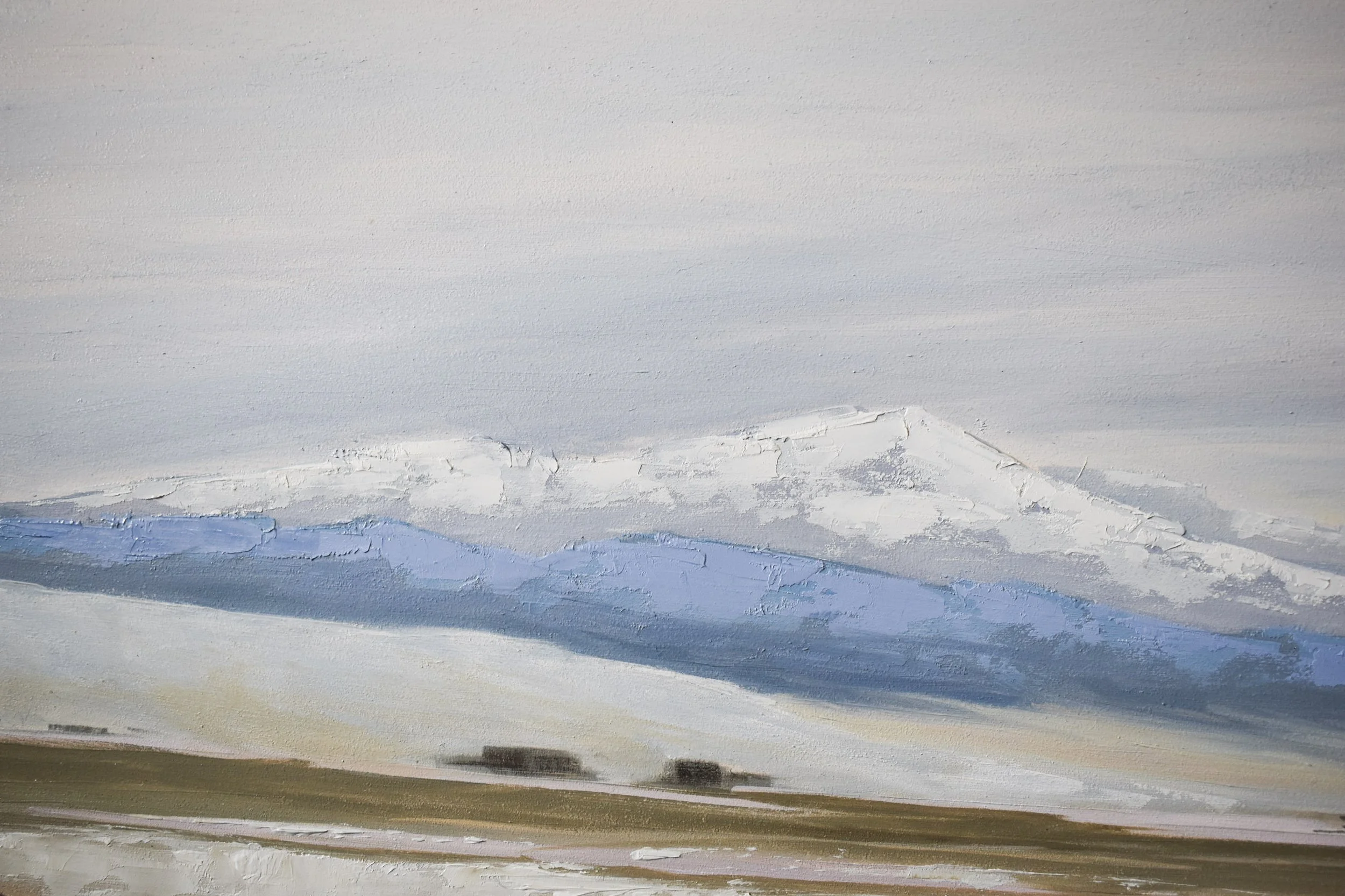 Detail of "Dangerous Beauty" by Kelly Sooter showing the expansive snow-covered landscape, layered oil paint, and subtle atmospheric transitions.