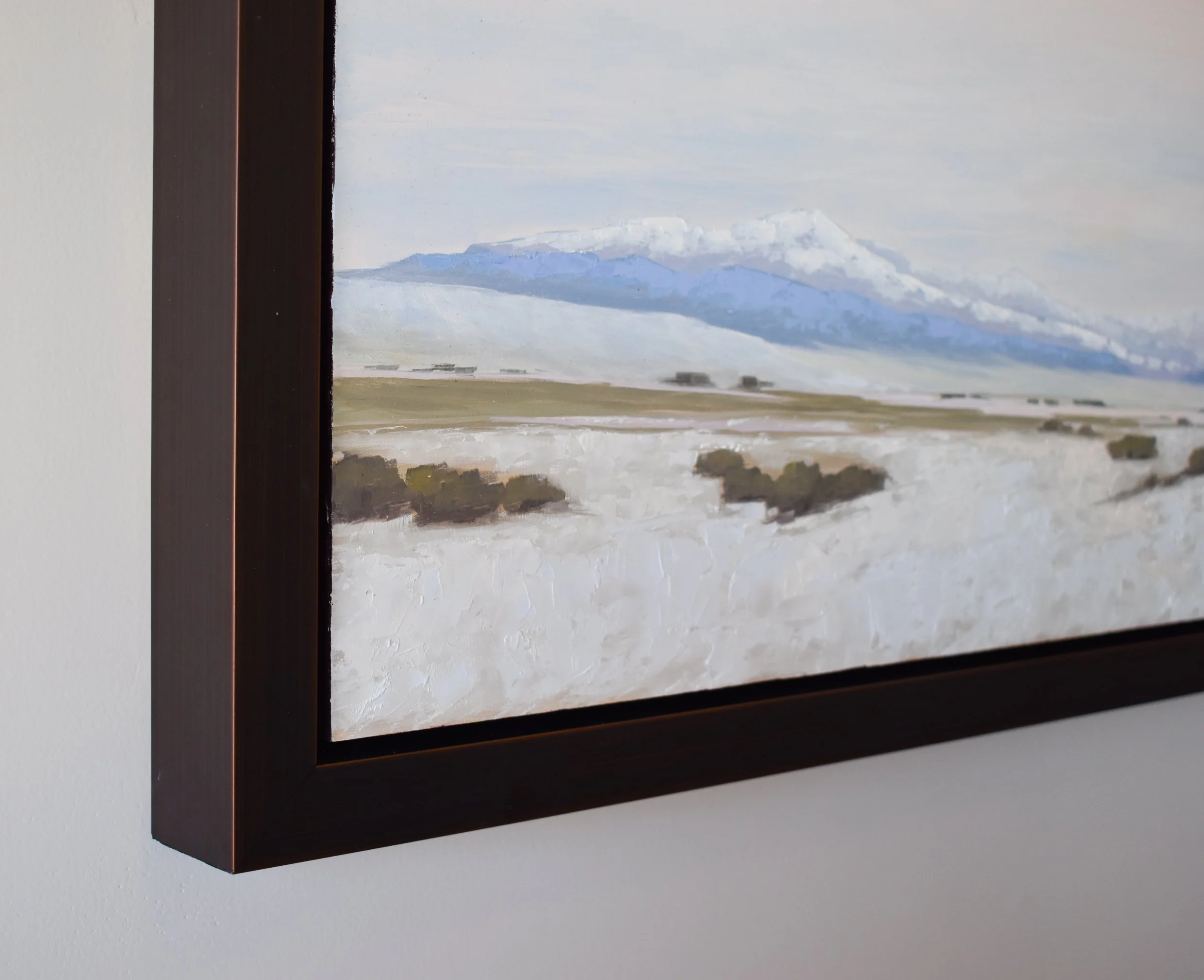 Room view showing "Dangerous Beauty," an original experiential landscape oil painting by Kelly Sooter, displayed in a contemporary interior to illustrate scale and presentation.