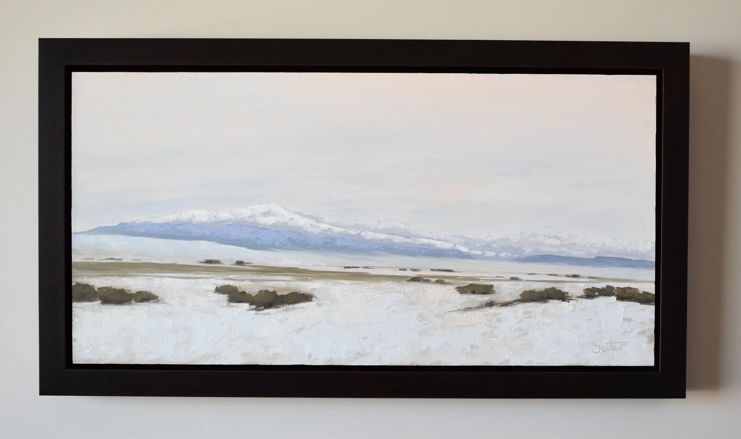 Room view showing "Dangerous Beauty," an original experiential landscape oil painting by Kelly Sooter, displayed in a contemporary interior to illustrate scale and presentation.