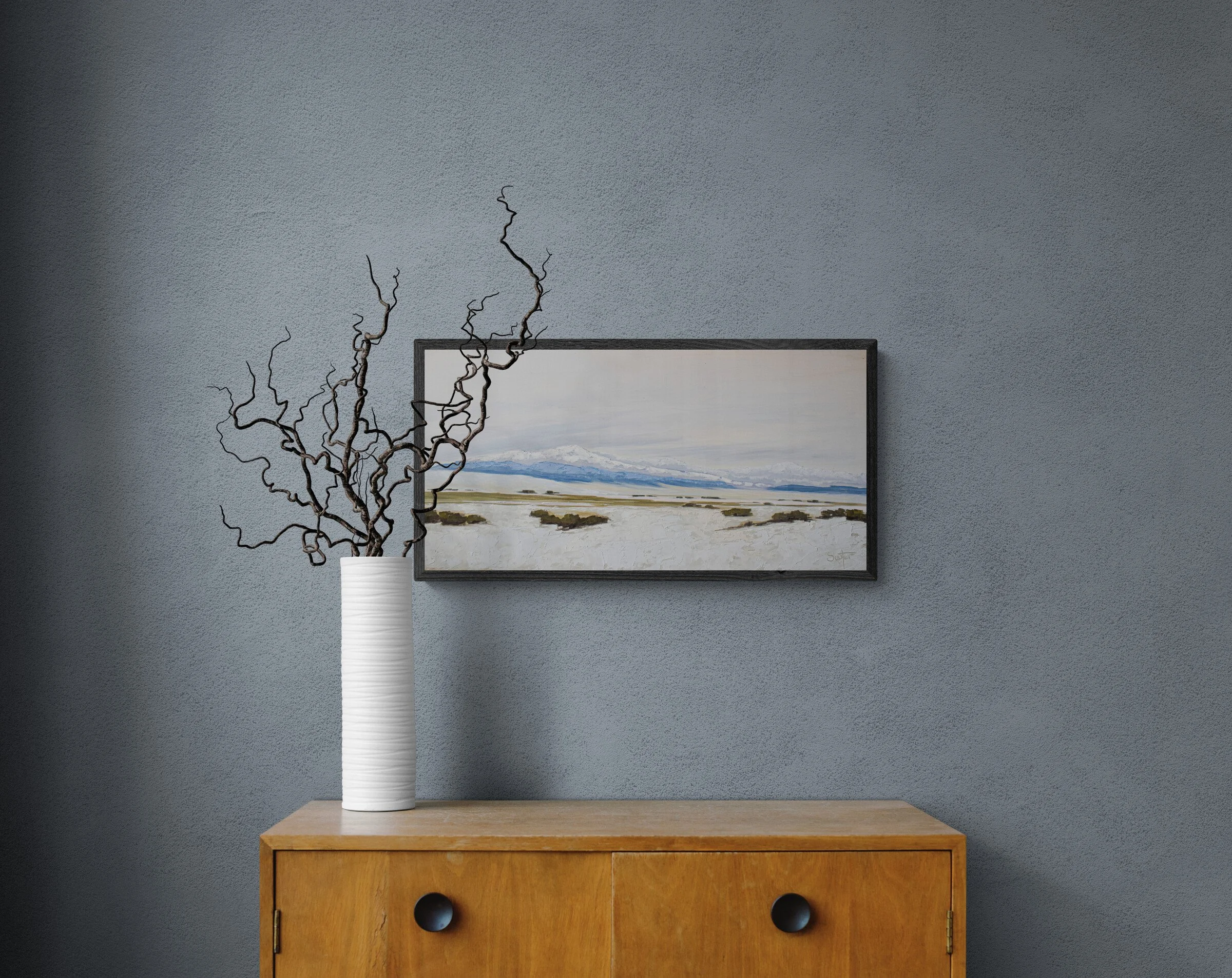 Room view showing "Dangerous Beauty," an original experiential landscape oil painting by Kelly Sooter, displayed in a contemporary interior to illustrate scale and presentation.