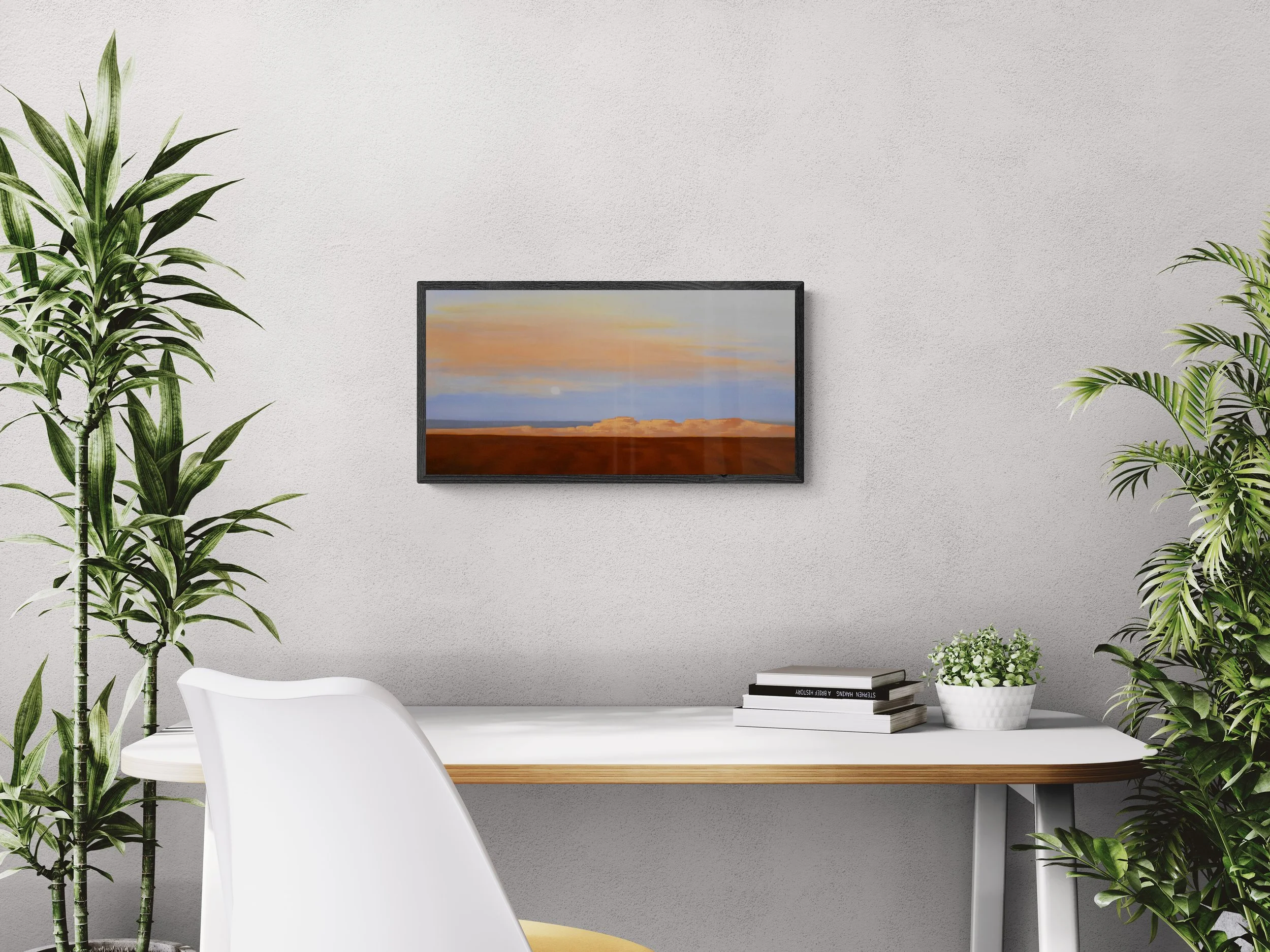 Room view showing "Making A Statement," an original experiential landscape oil painting by Kelly Sooter, displayed in a contemporary interior to illustrate scale scale, presentation, and placement.