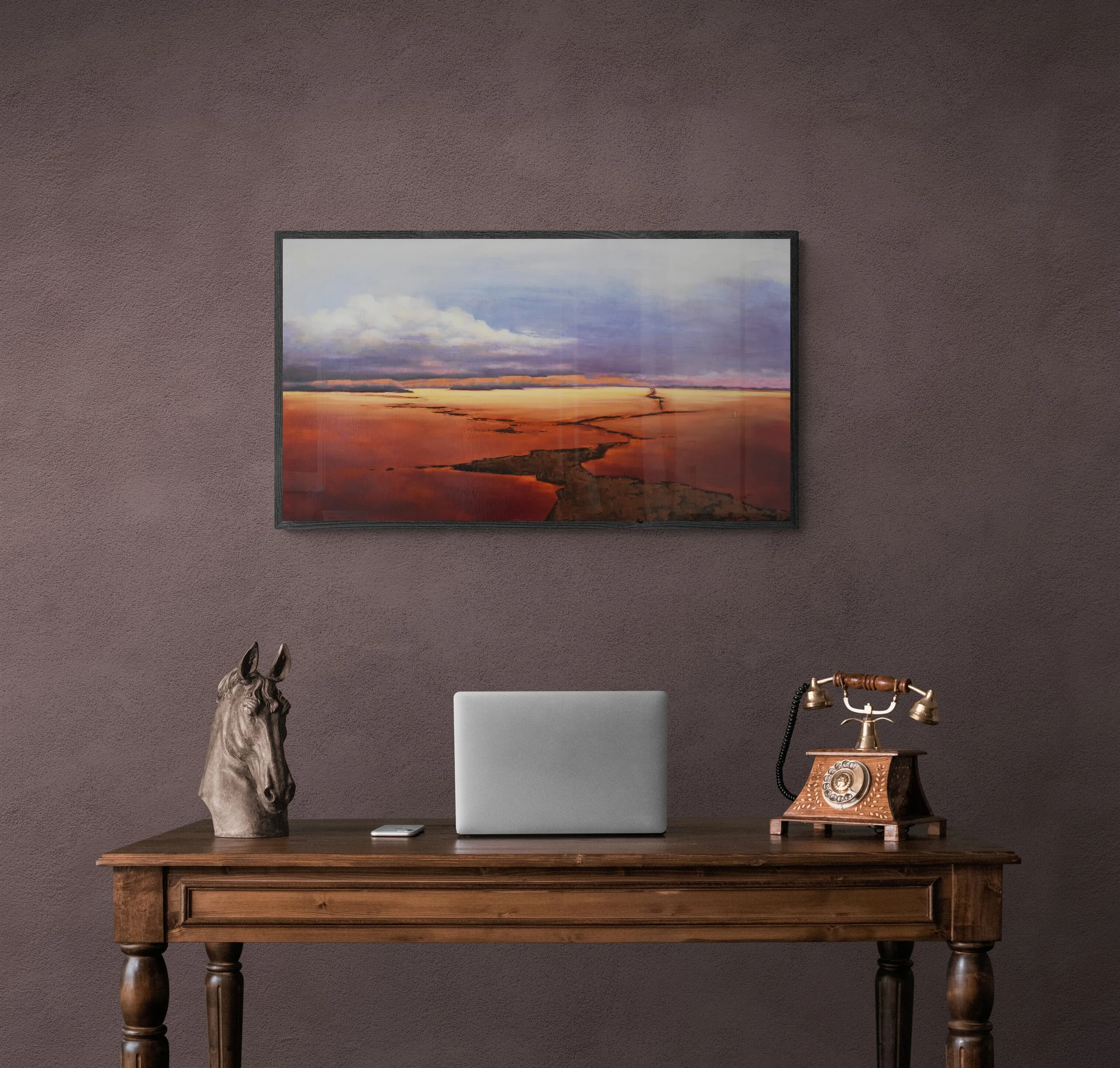 Room view showing Path Through The Storm, an original oil landscape painting by Kelly Sooter, displayed in a contemporary interior to illustrate scale, presentation, and placement.